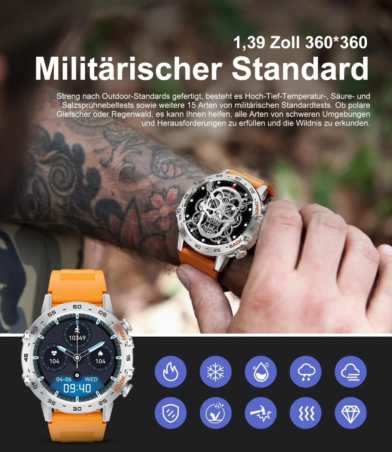 SUNKTA Smart Watches for Men(Answer/Calls),1.39 inch Touchscreen/5ATM Waterproof/120+ Sports Modes Fitness Watch with Heart Rate for Android/iOS Orange