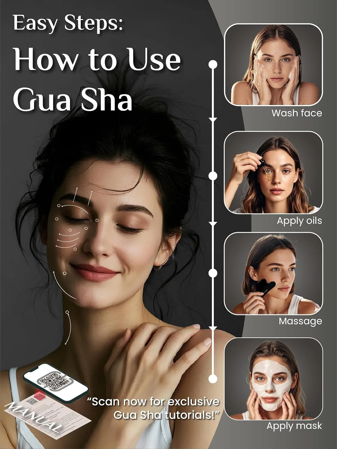 Rena Chris Gua Sha Facial Tools: Natural Obsidian Guasha Tool for Face Acupuncture Therapy, Facial Massager for Jawline Sculpting and Puffiness Reducing (Black)