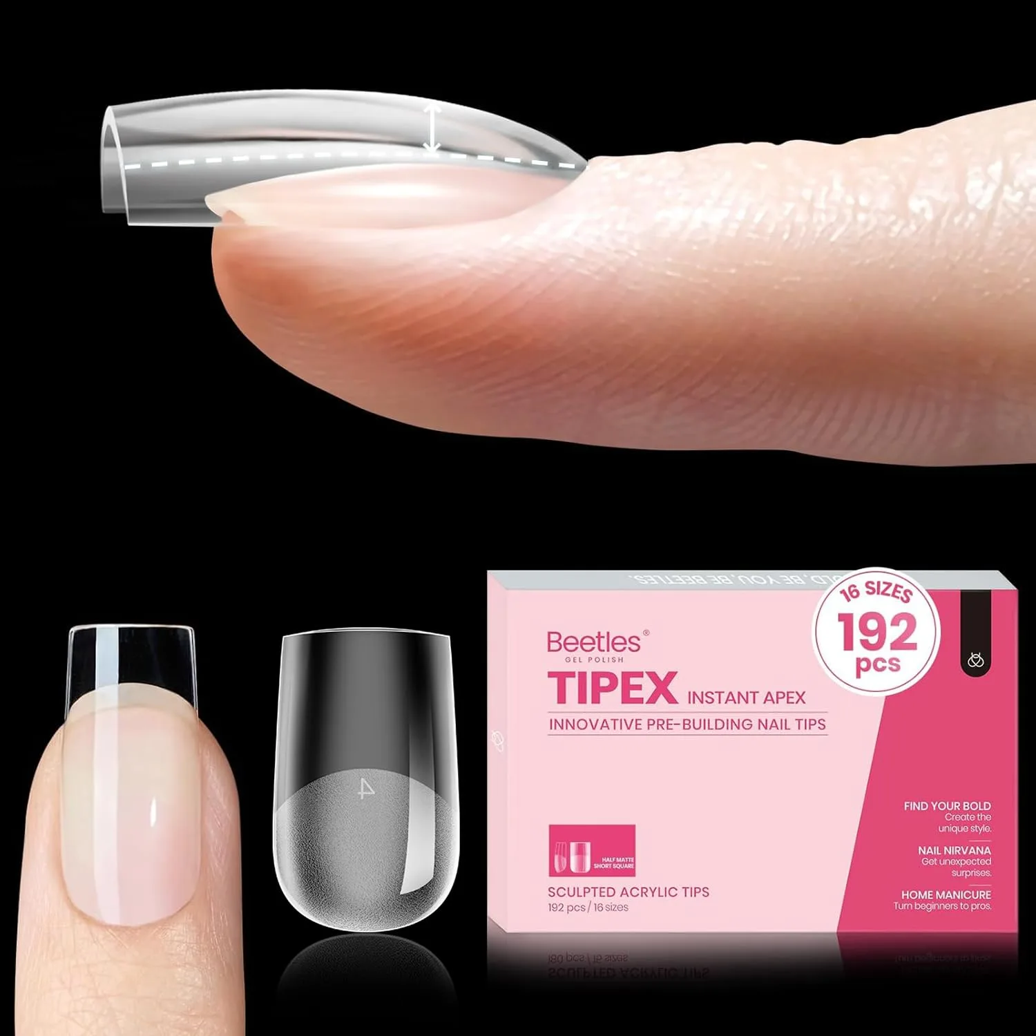 Beetles Tipex Instant Apex Nail Tips, Short Square, 192pcs 16 Sizes(00-14)