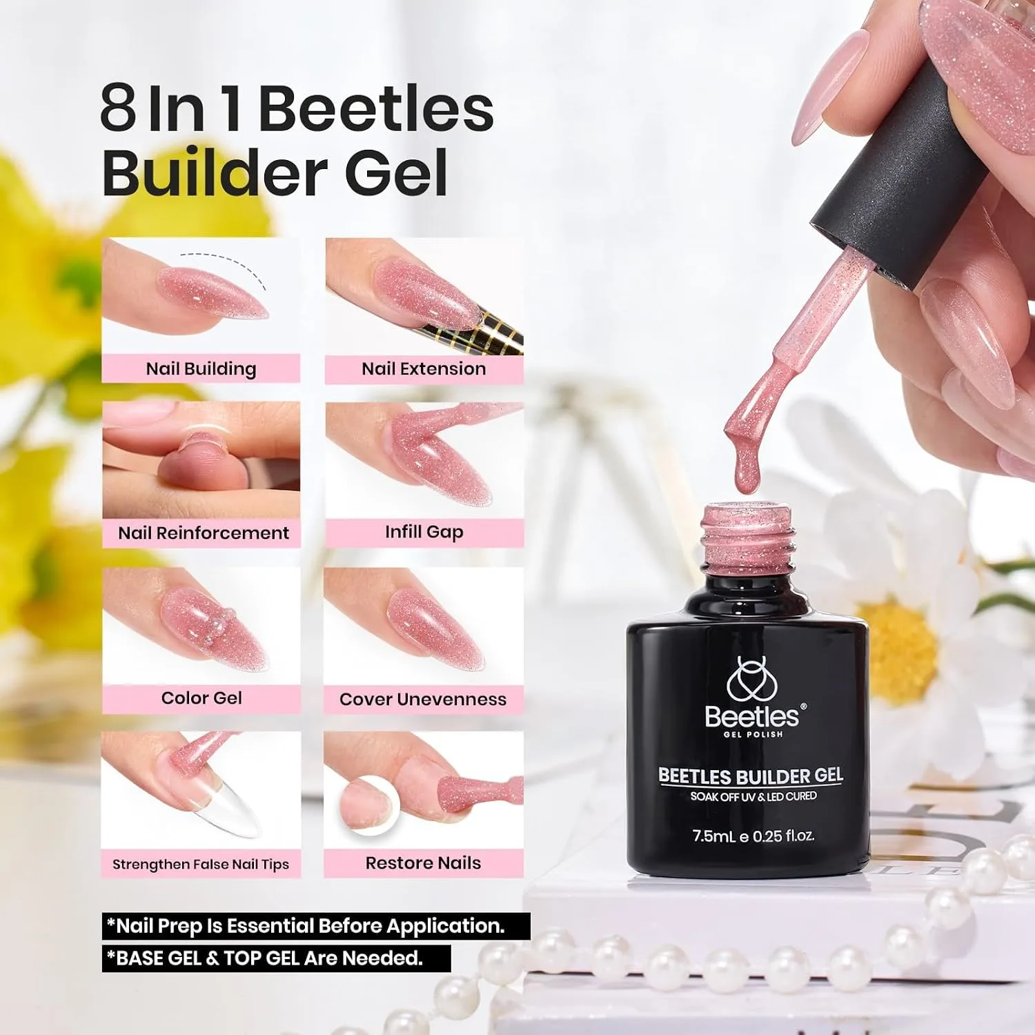 Beetles Builder Gel Set, 6 Colors Glitter Shimmer 8 in 1 Builder Nail Gel