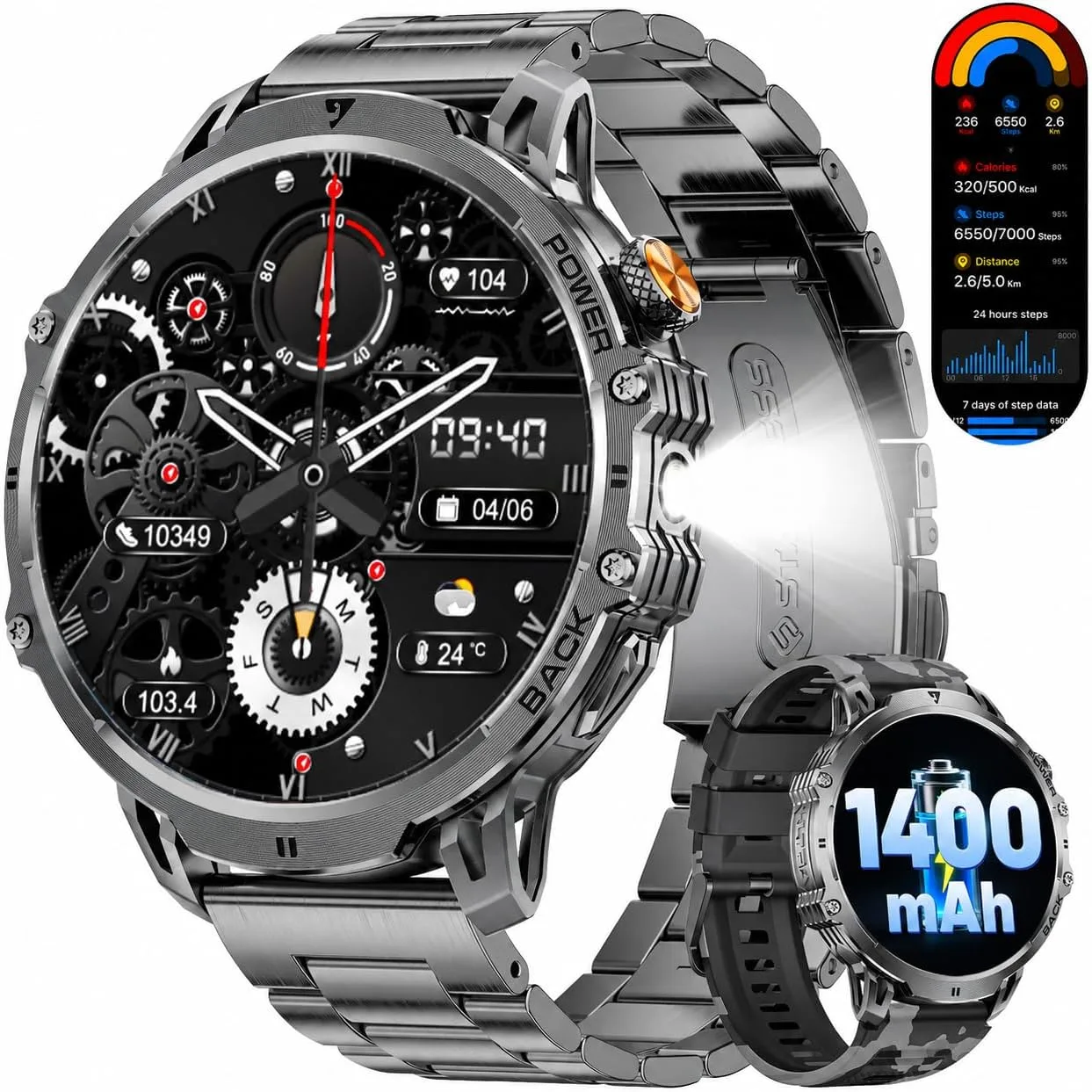 LIGE Military Smart Watches for Men(2 Bands),1400mAh/1.85" HD Large Screen Smartwatch, Flashlight/110+ Sports Modes/Sleep Monitor, Fitness Tracker Watch for Android iOS,Black Camo