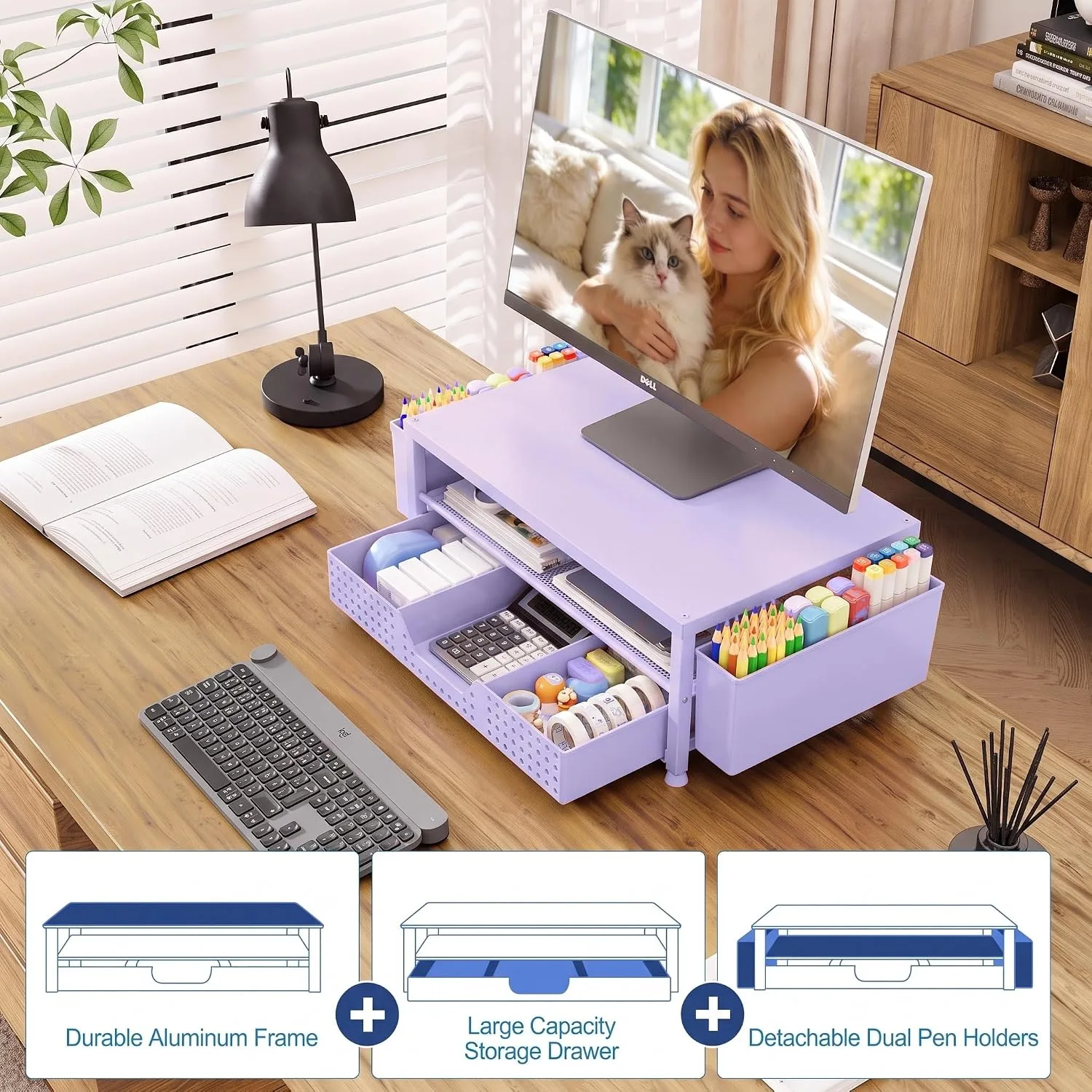 OPNICE Desk Organizer, Monitor Stand Riser with Drawer and 2 Pen Holders