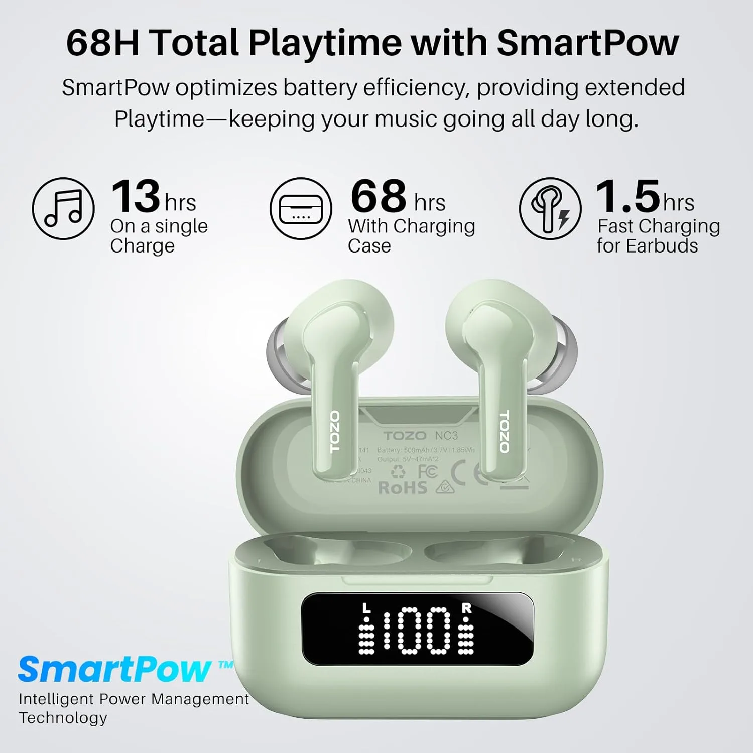 TOZO Hybrid Active Noise Cancelling in Ear Wireless Earbuds, 68H Playtime