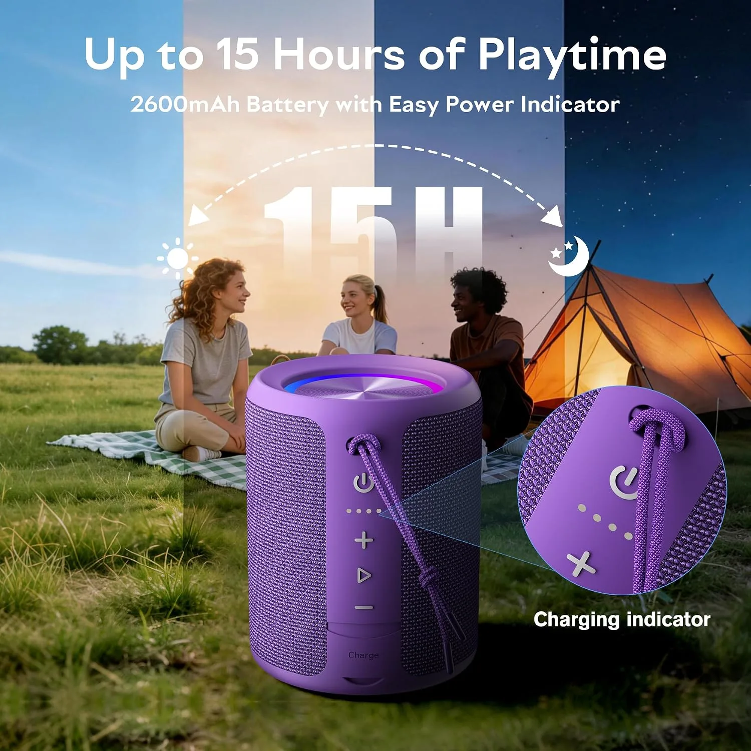 Portable Bluetooth Speaker, IPX7 Waterproof Wireless Speaker with 20W Loud Stereo Sound, 15H Playtime & Beat-Synced RGB Light, Small Outdoor Speaker for Shower,Pool,Beach,Hiking,Gifts(Purple)