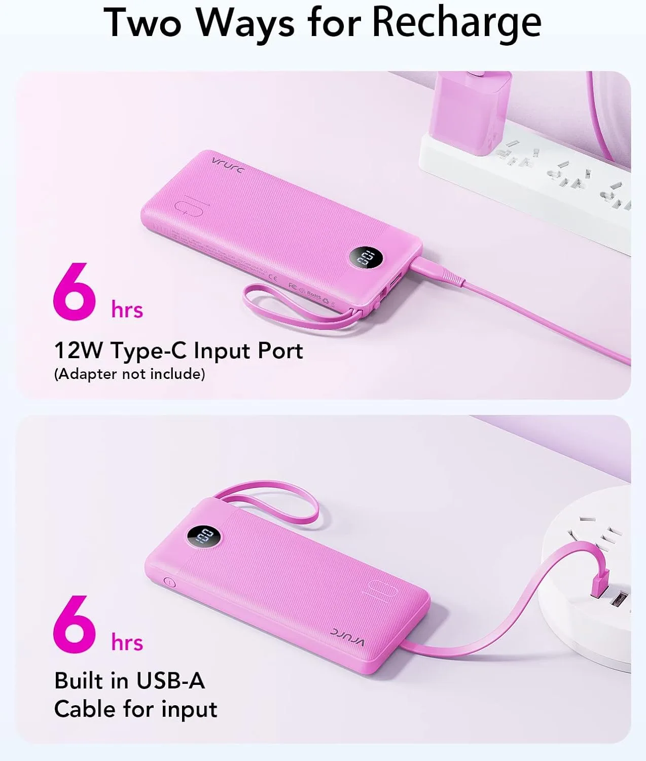 VRURC Portable Charger, Slim Power Bank Built-in 4 Cables, Travel Essential