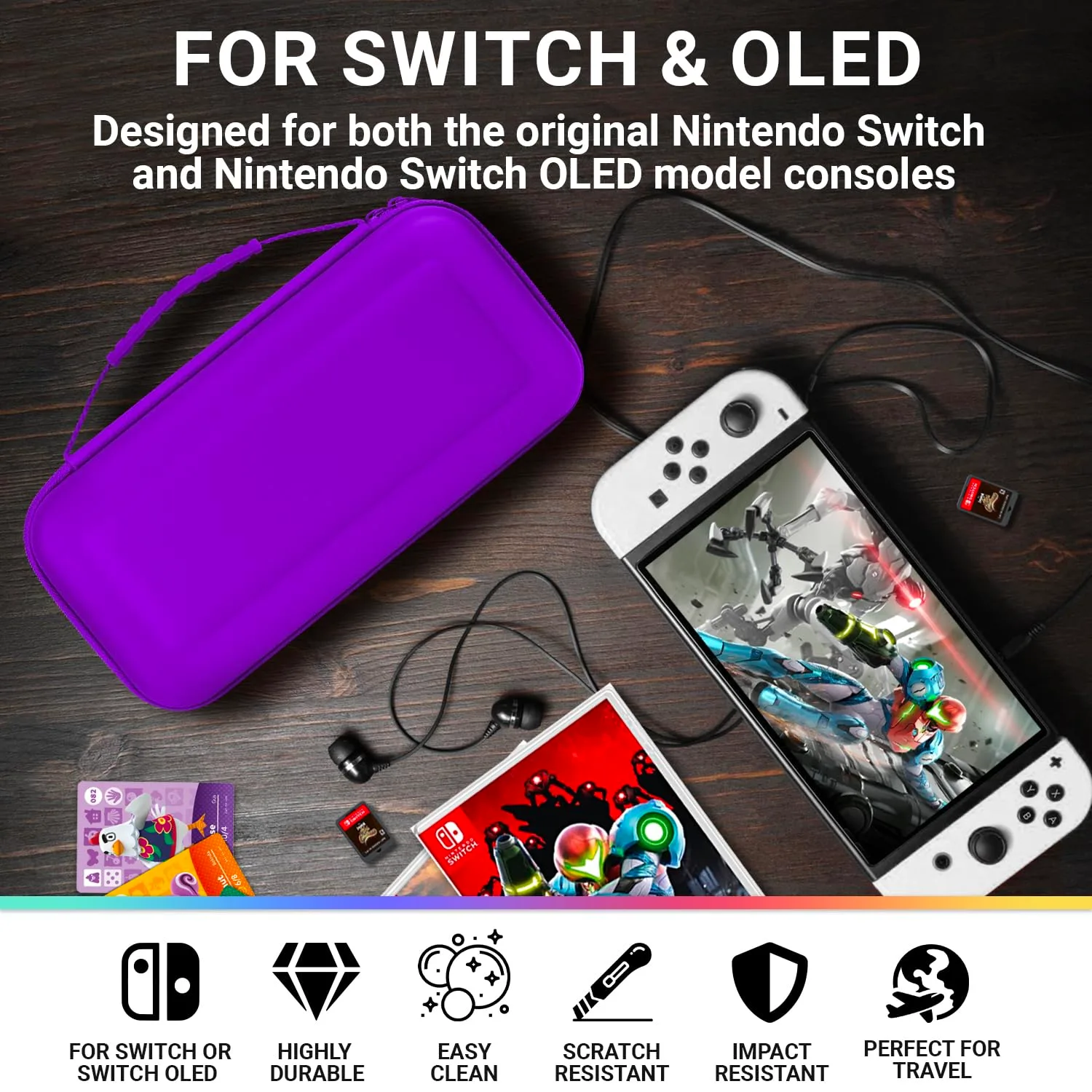 Orzly Carrying case for Nintendo Switch OLED and Switch Console - Purple Protective Hard Portable Travel case Shell Pouch for Nintendo Switch Console & Accessories