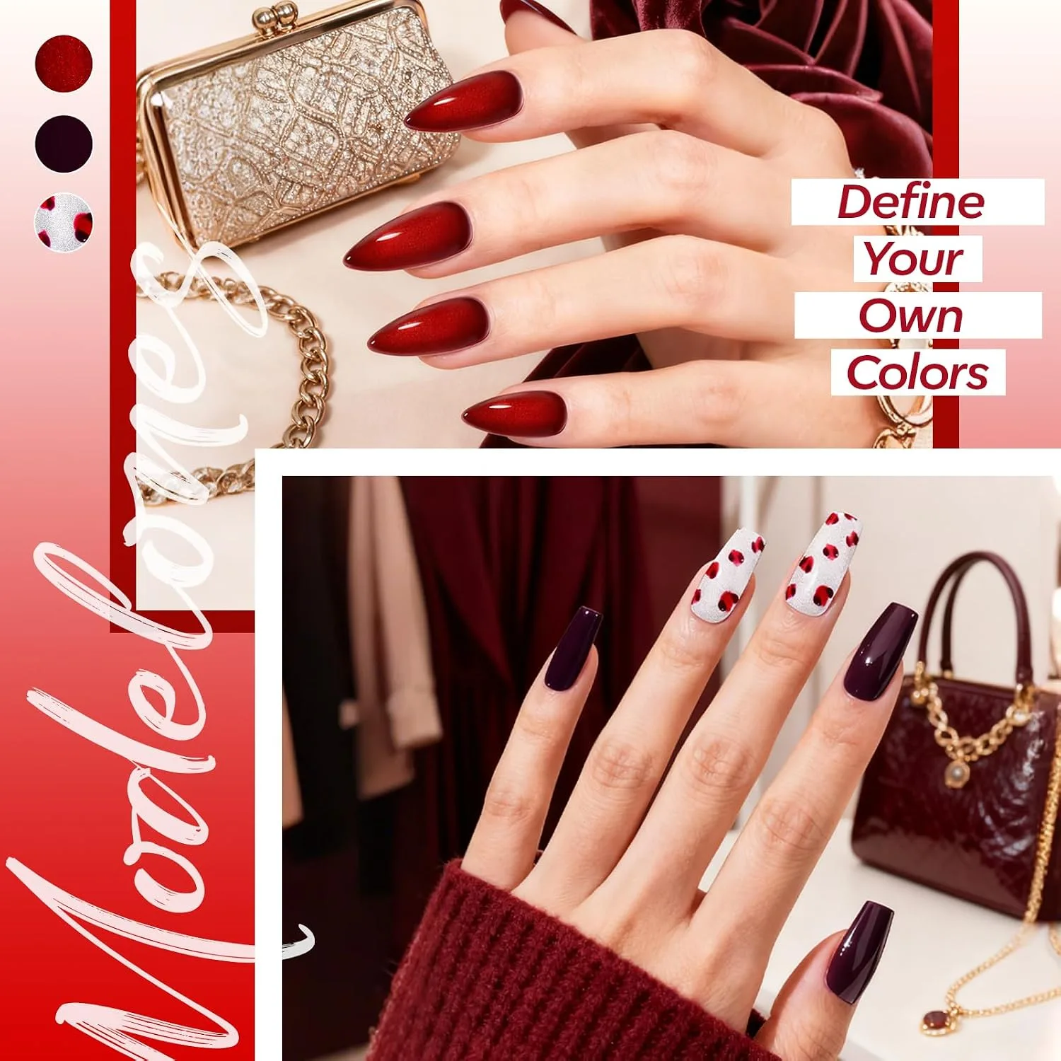 modelones Cat Eye Gel Nail Polish Set Jelly Glitter 6Colors Burgundy Red
