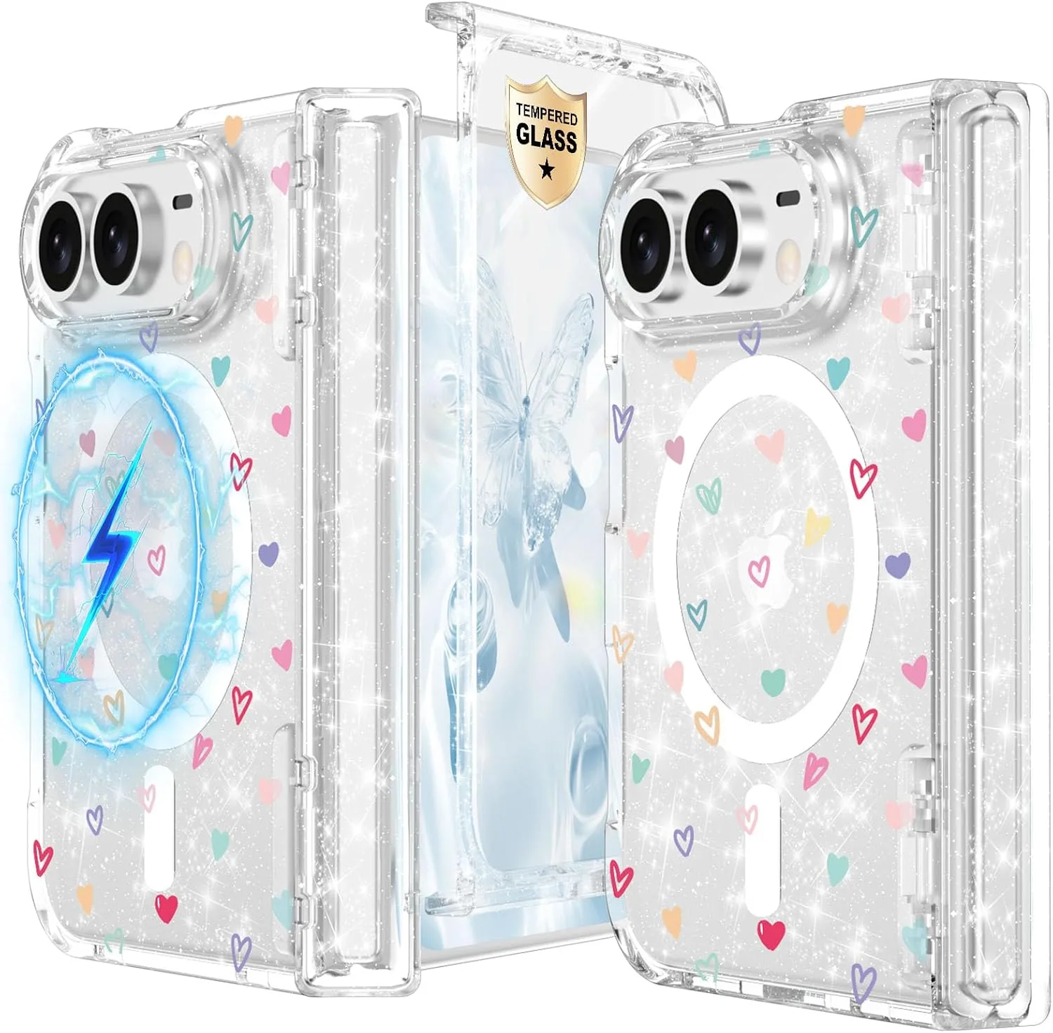 for iPhone Duo Case Clear Glitter Magnetic with Hinge Protection