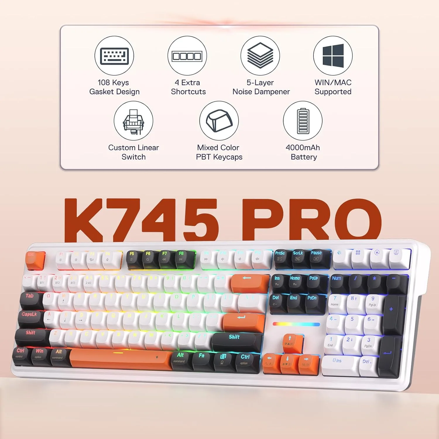 Redragon K745 PRO Wireless 108-Key Gasket RGB Gaming Keyboard, 4 Hotkeys