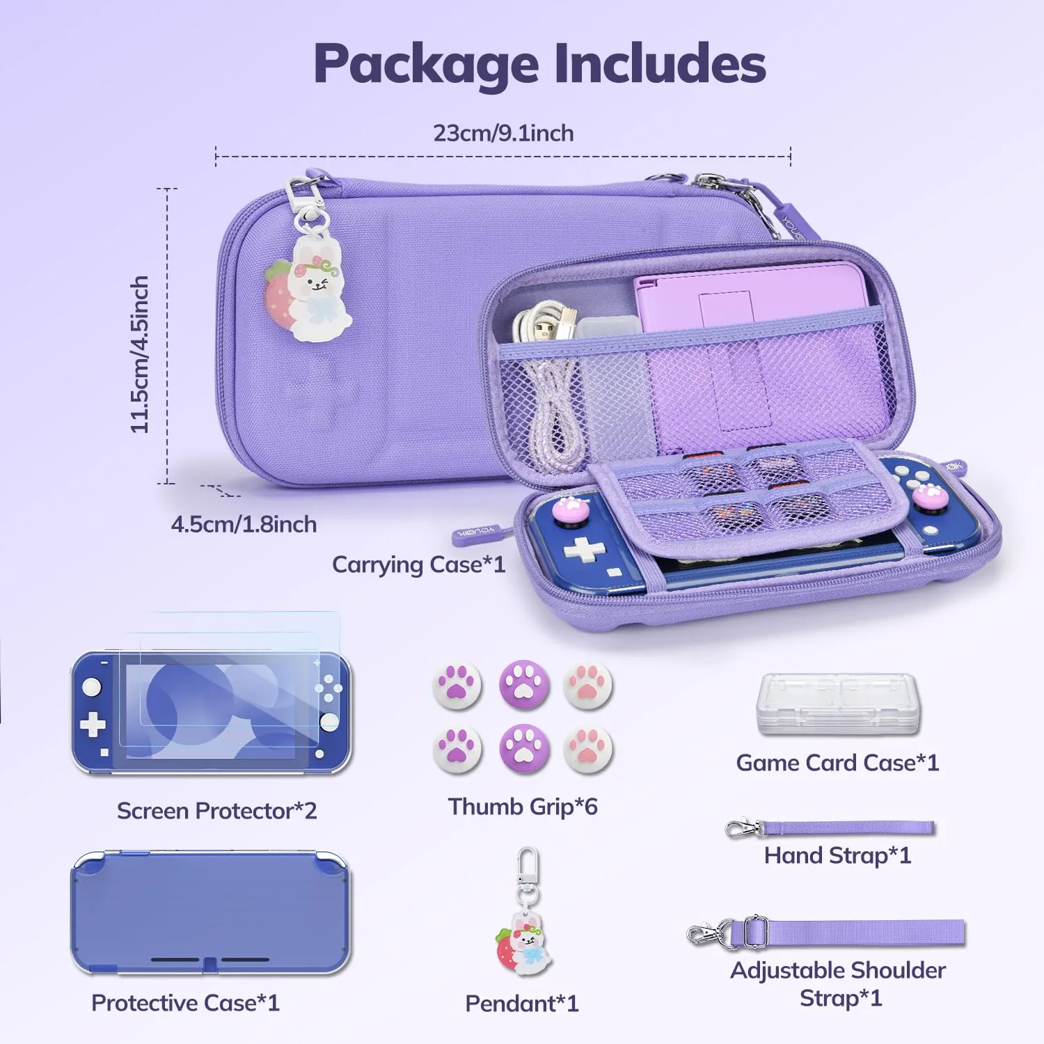 Younik Switch Lite Case, Portable Switch Lite Carrying Case, 14 in 1 Accessories Kit with Carrying Case, Protective Cover, Game Card Case, Screen Protectors, Thumb Grips, Pendant and straps (Purple)