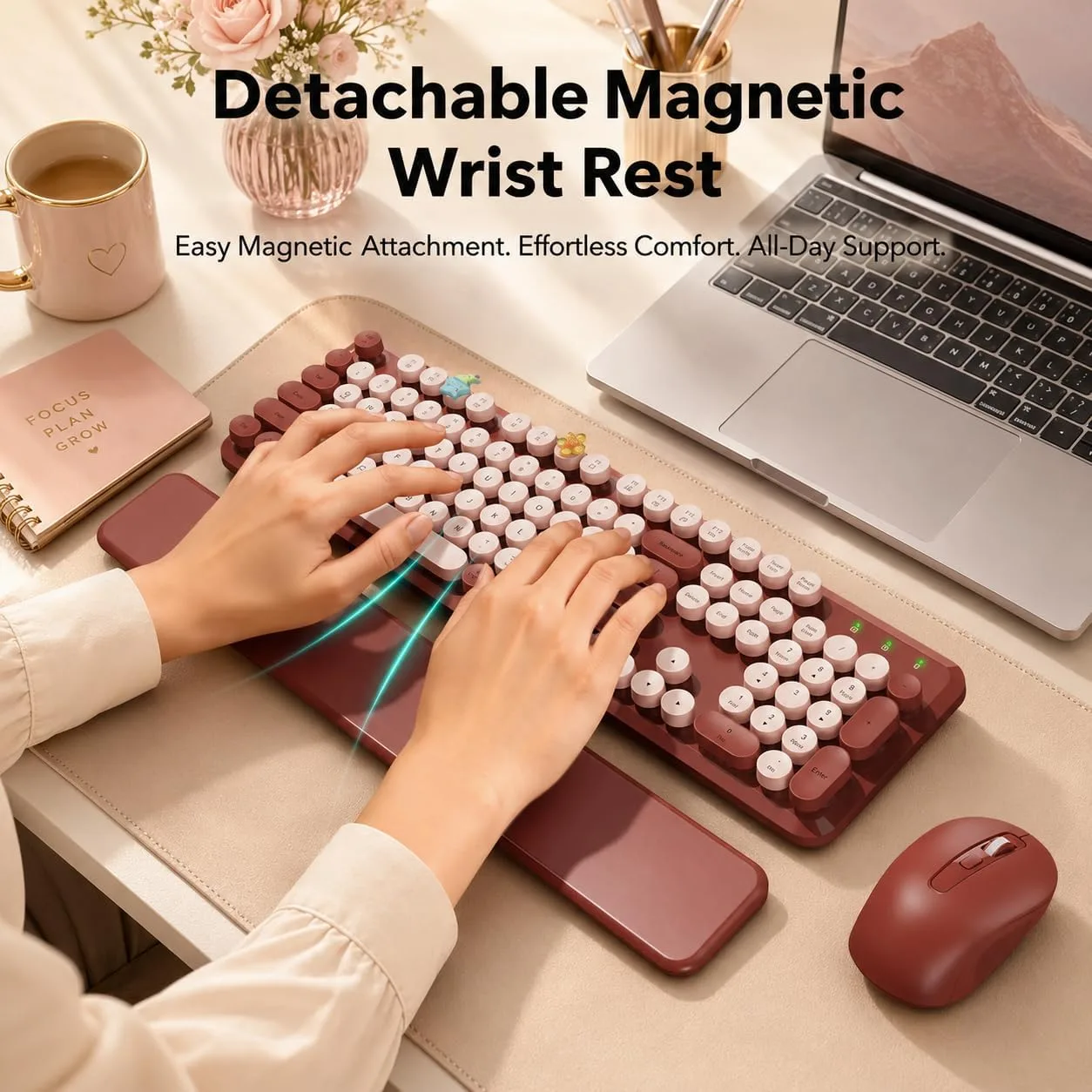 SABLUTE Wireless Keyboard Mouse Combo, Burgundy Red, Magnetic Wrist Rest