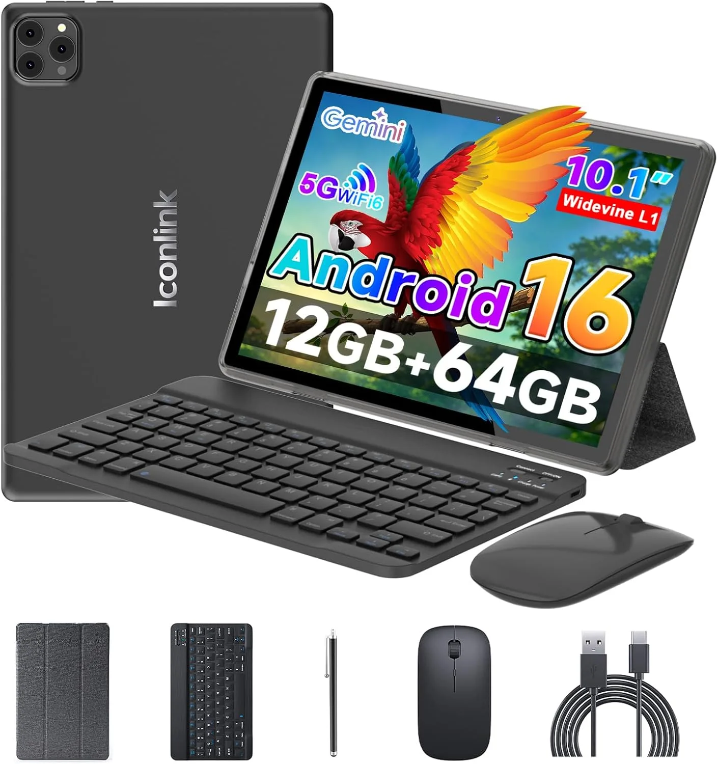 Android 16 Tablet 10 Inch, 12(3+9) GB RAM+64GB ROM, 2 in 1 Tablets with Keyboard Case Mouse Stylus, 2.0GHz Five-core Processor, 1280 * 800 IPS HD Screen, 5G WiFi6 BT 5.3 Tableta PC