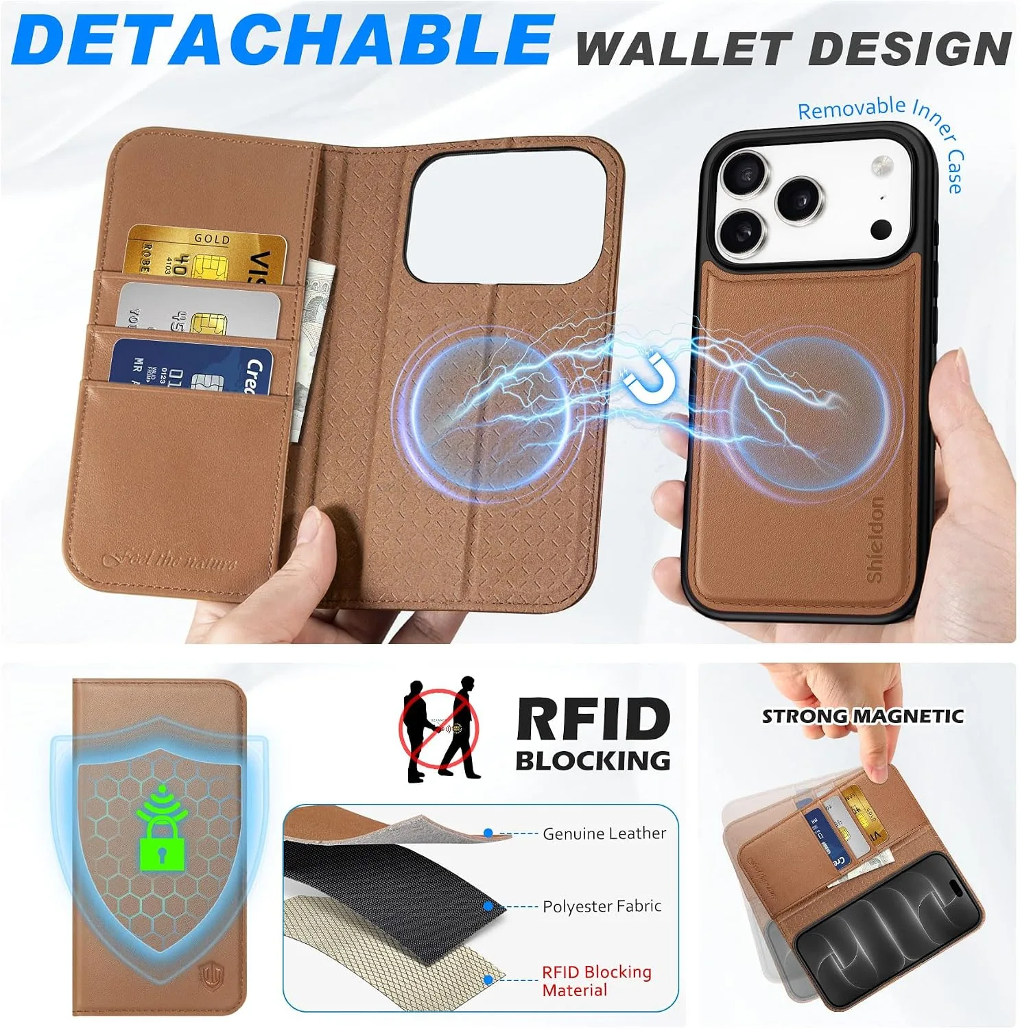 SHIELDON 2 in 1 Leather Case Wallet for iPhone 18 Pro/17 Pro, Saddle Brown