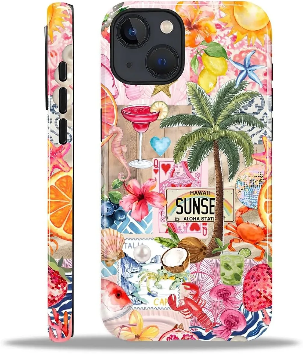 DAIZAG Case for iPhone 15,Mixed 2 Layer Design Shockproof Soft TPU Ddouble Protection Phone Case for iPhone 15-Aesthetic Summer Beach