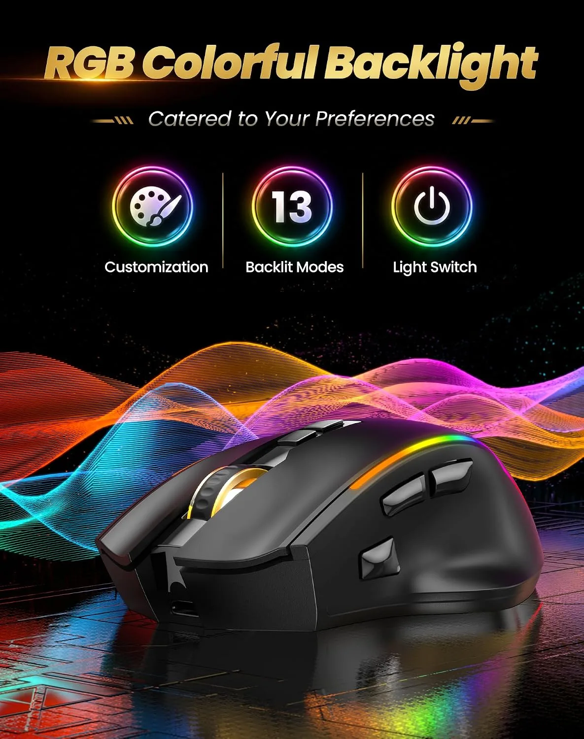 TECKNET Wireless Gaming Mouse,2.4GHz/USB-C, 1000Hz,7 Custom Buttons 13 RGB
