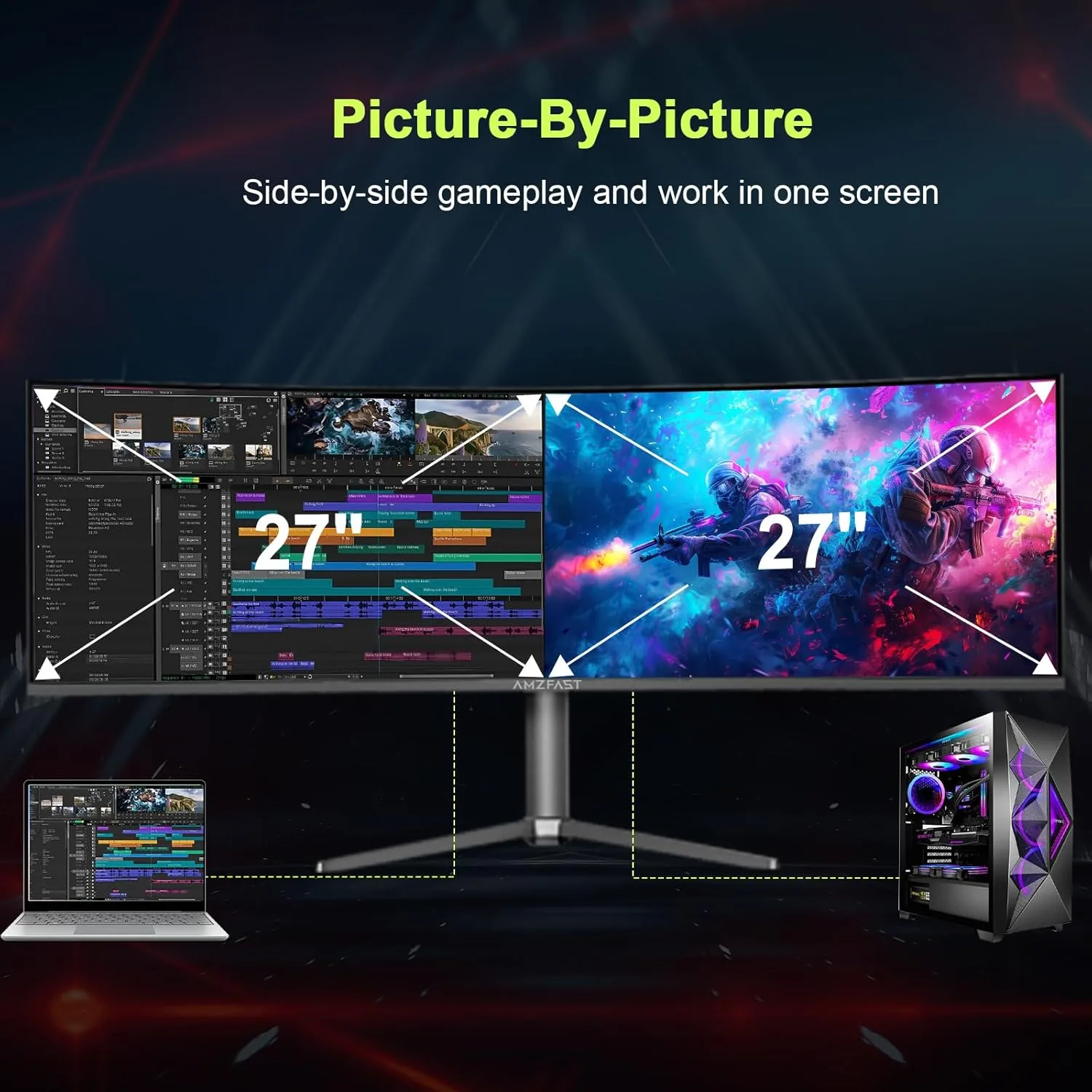Amzfast 49 Inch Curved Monitor 120Hz DQHD (5120x1440) Ultrawide Gaming Monitor, 120% sRGB, 1500R, 1ms MPRT, HDR, Adaptive Sync, PIP/PBP, Height Adjustable, HDMI 2.0/DP 1.4, VESA 75x75, AMZG49C7U