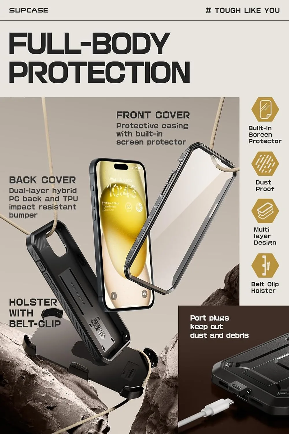 SUPCASE for iPhone 15 Case with Kickstand & Screen Protector, Black