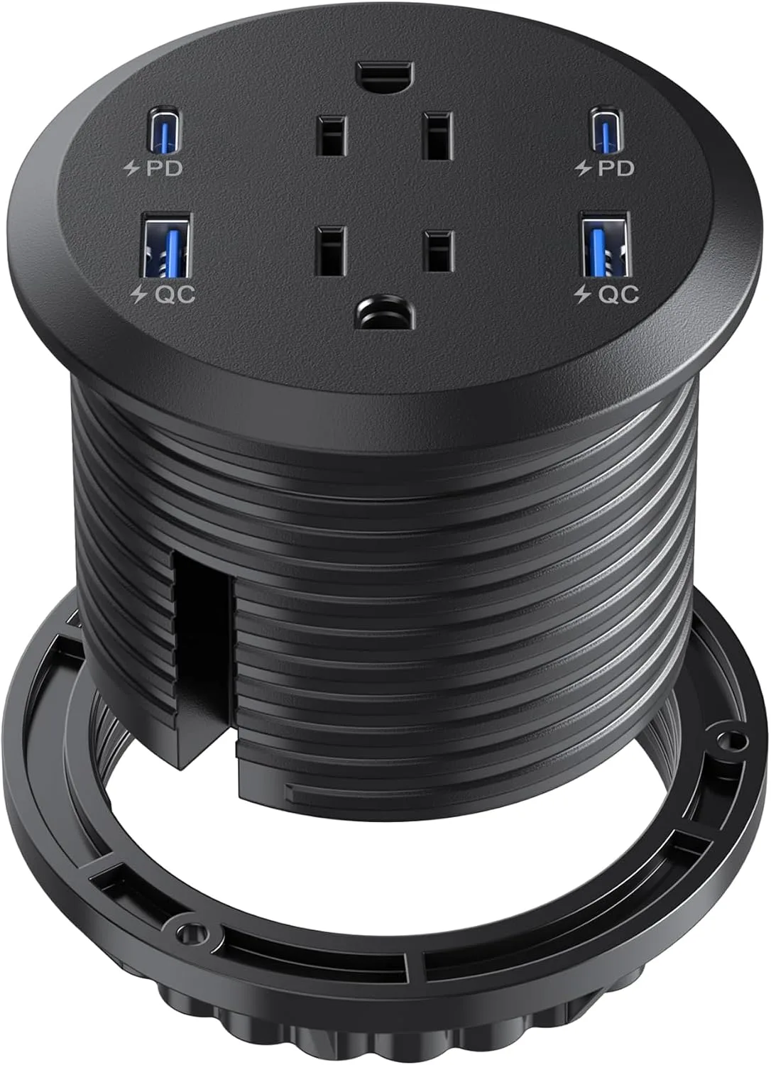 Recessed Power Grommet 65W USB-C,2 Outlets,Flush-Mount,Black