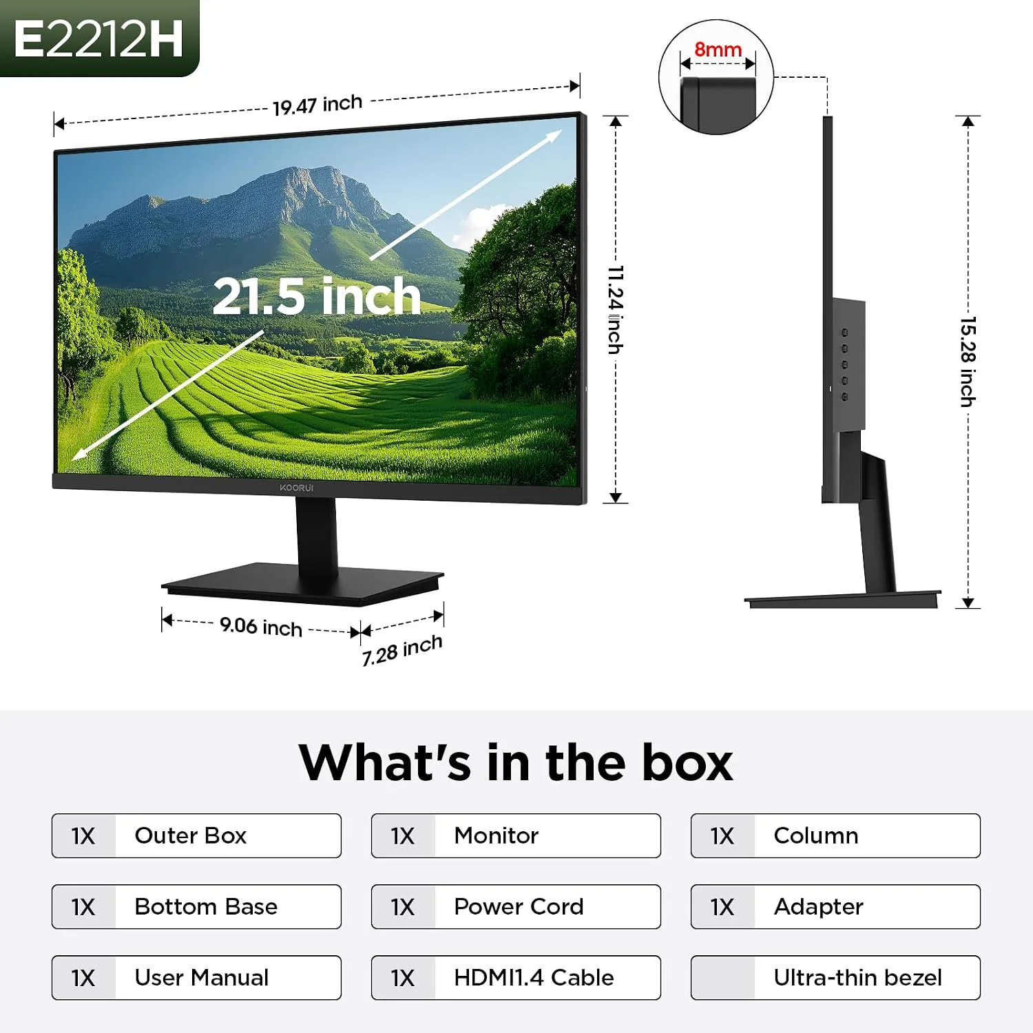 KOORUI 22 Inch Computer Monitor FHD 120Hz VA VESA Low Blue Light, E2212H