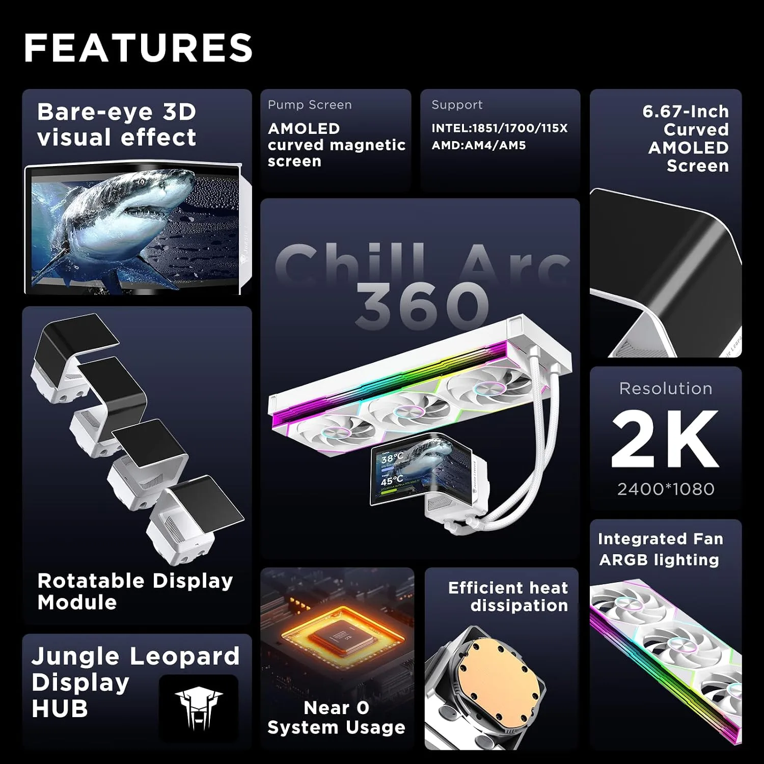 Chill Arc 360mm AIO CPU Cooler, 6.67" 2K AMOLED Screen-WH