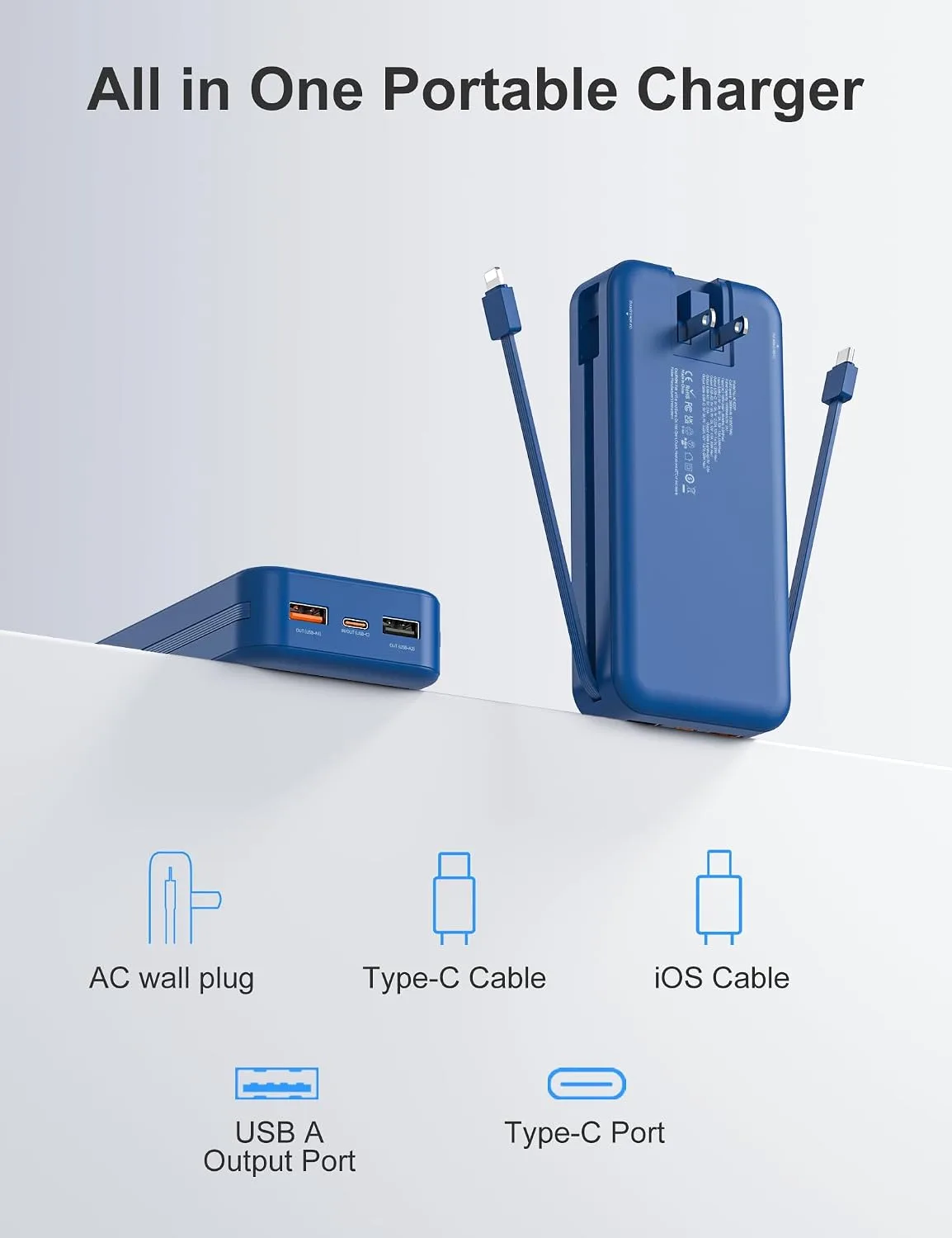 Portable Charger Power Bank 20000mAh with Built in Cables & Wall Plug