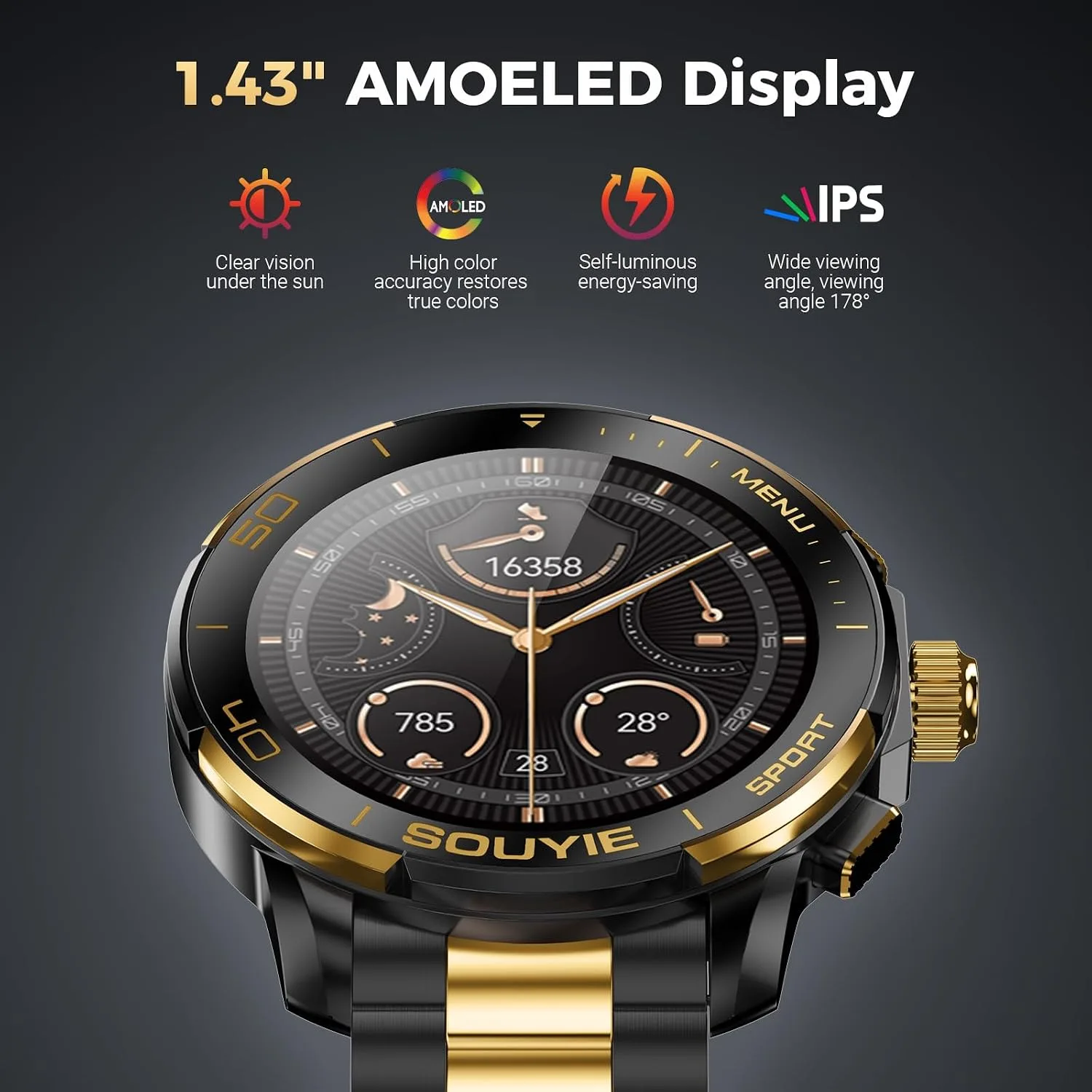 SOUYIE SW-7 Lux Smart Watch for Men, 1.43" AMOLED, AI Voice, Bluetooth Call