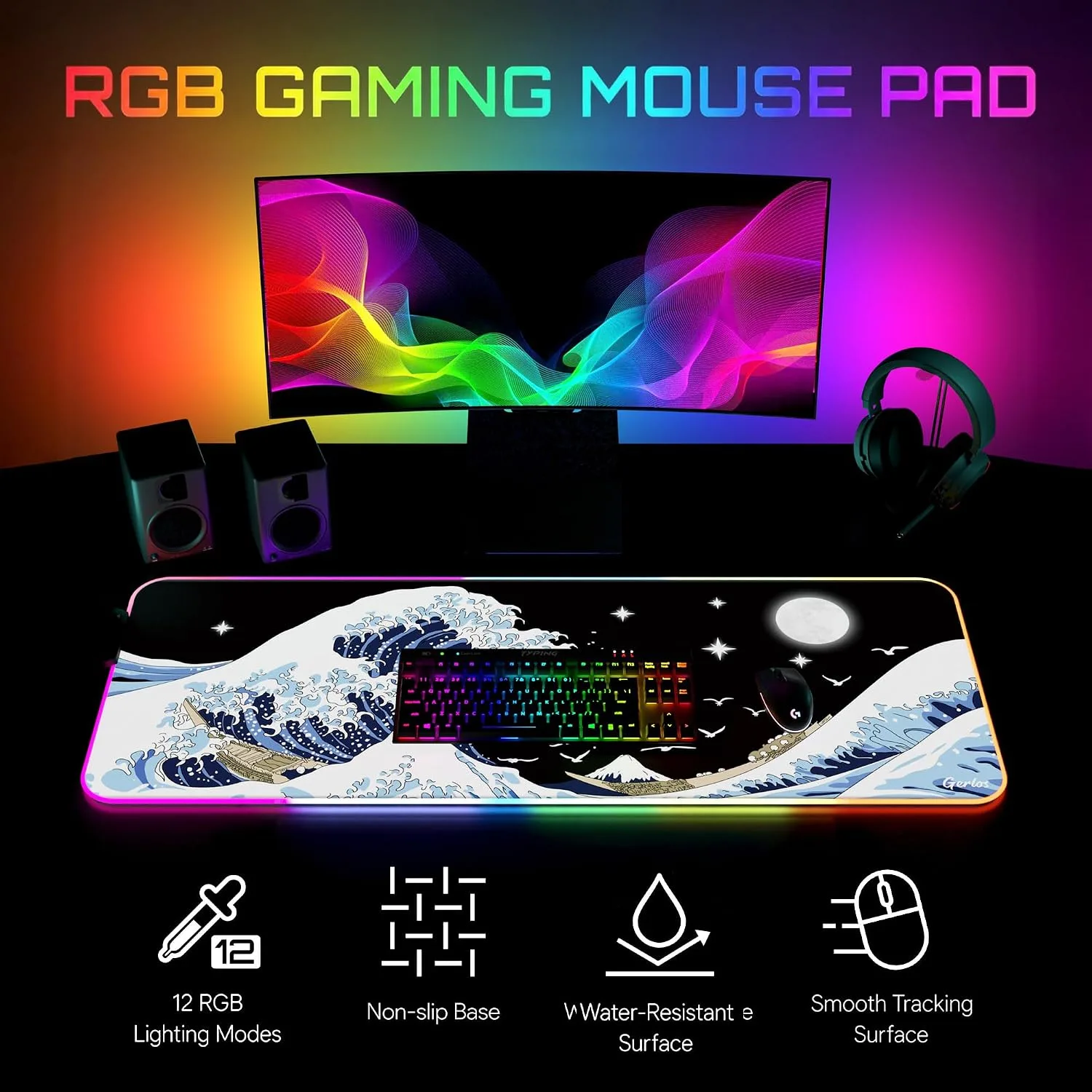Gerlos RGB Gaming Mouse Pad, Large LED Mouse Pad for Gamer, 31.5" x 11.8"