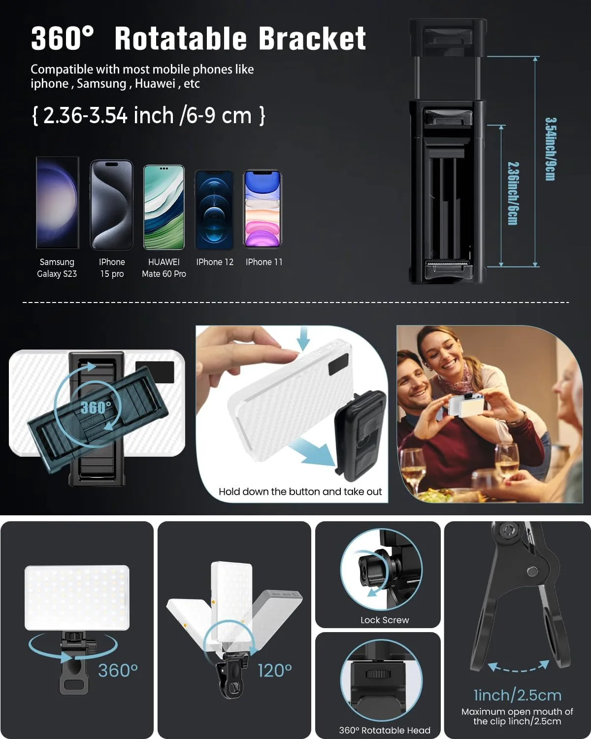 168 LED Portable Selfie Light Video Conference Light with Front & Back Clip, Rechargeable 3 Light Modes for Phone, iPhone, Android, iPad, Camera, Laptop, Makeup, Tiktok, Vlog(White)