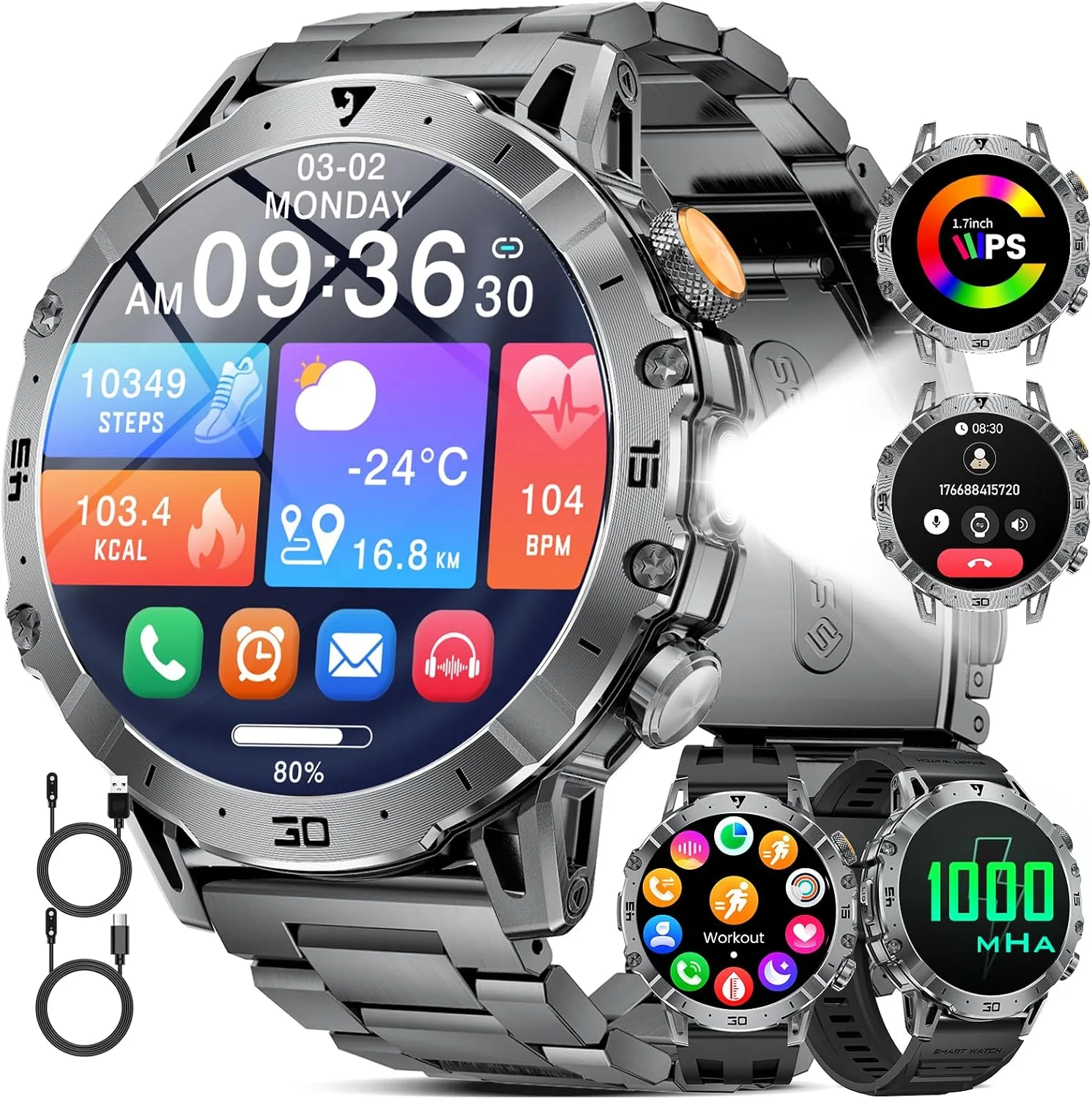 Military Smart Watch for Men, 1000 mAh 60 Days Large Battery, 1.85″ HD Smartwatch with LED Flashlight/IP68/100+ Sport Modes Fitness Tracker, Smart Watches for Android iOS, 3 Straps, Dark Grey