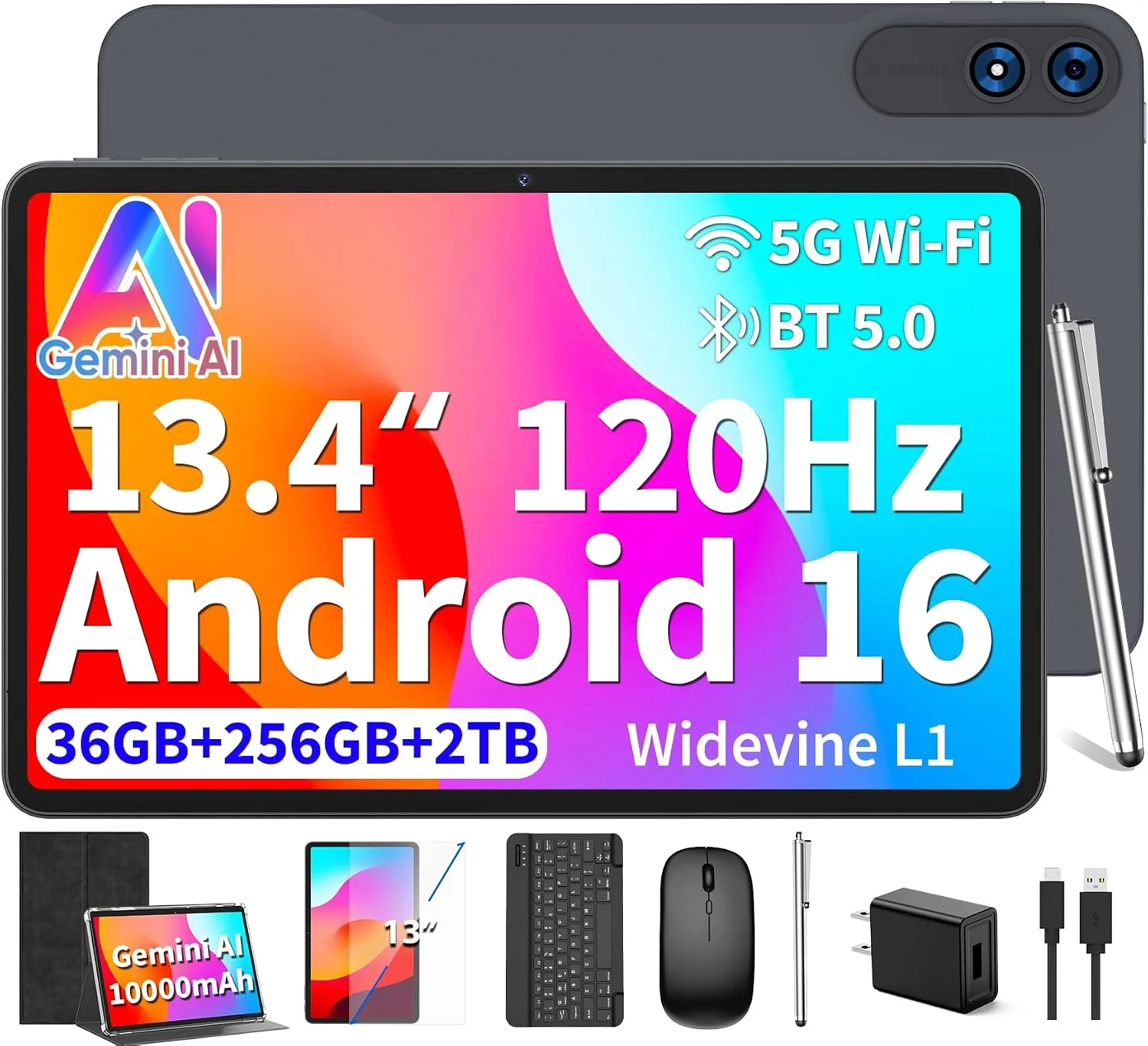 Android 16 Tablet 13 inch - Tablet with 36GB+256GB+2TB Expand, Black Case