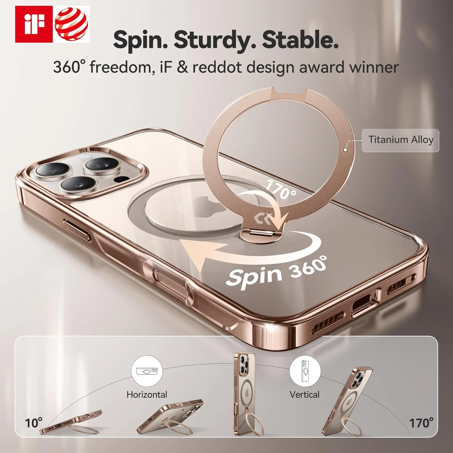 CASEKOO Glossy Gold 360 Spin Magnetic Stand for 16 Pro Max Case