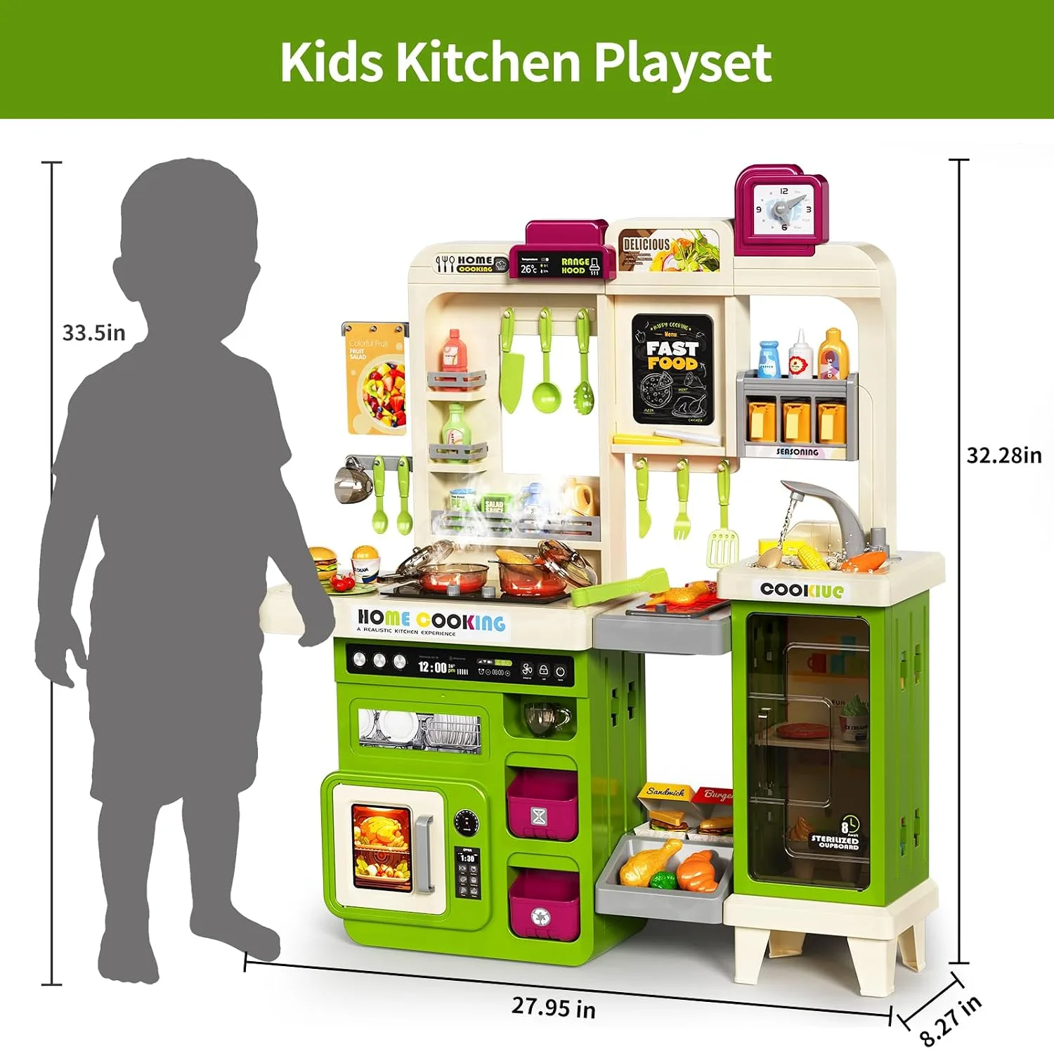 Pupu Pig Kids Kitchen Playset, Play Kitchen with Steam, Lights and Sounds