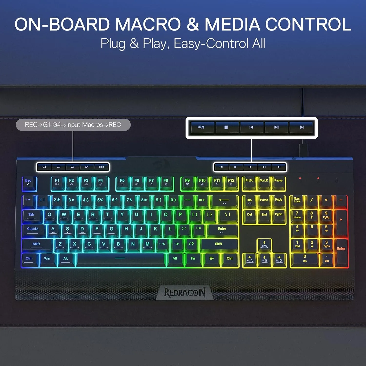 Redragon K525 RGB Backlit 104 Keys Wired Membrane Gaming Keyboard w/ 5 Multimedia Keys & 4 Extra On-Board Macro Keys, Dedicated Media Control, Ergonomic Wrist Rest, Linear Mechanical-Feel Switch