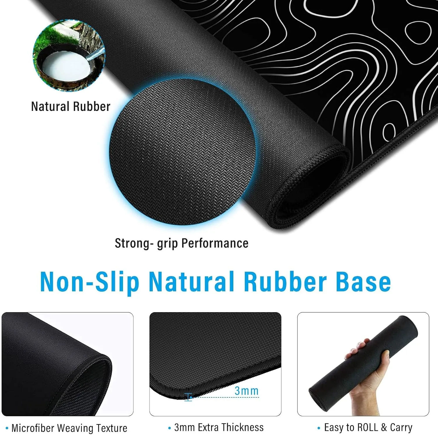 Large Gmaing Mouse Pad with Stitched Edges, Superior Micro-Weave Cloth, Non-Slip Base, Size 35.4 X 15.7X 0.12inches - Black Topographic Contour