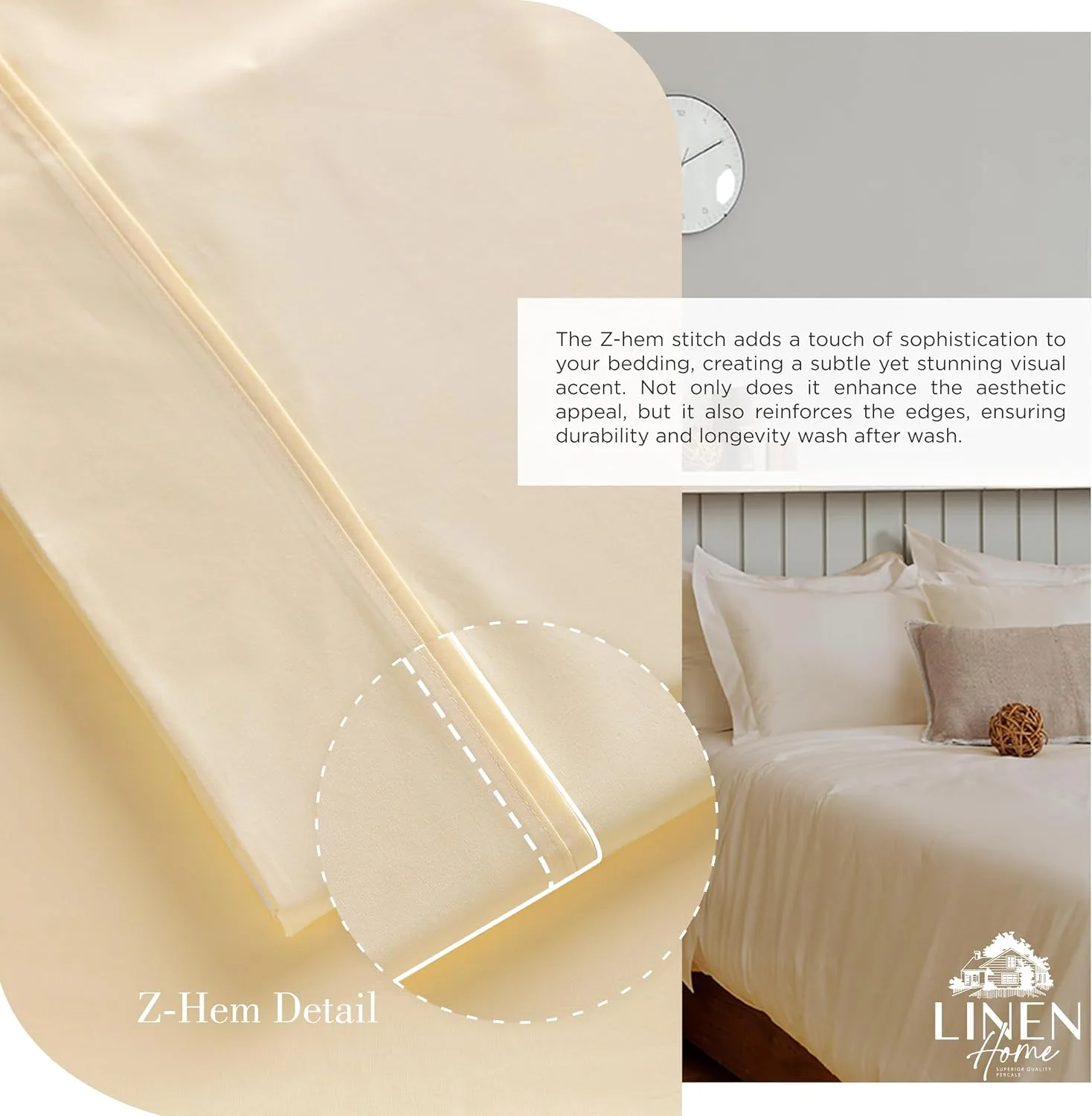Linen Home 100% Cotton Percale King Sheets, 4 Pc Cooling Set - Ivory