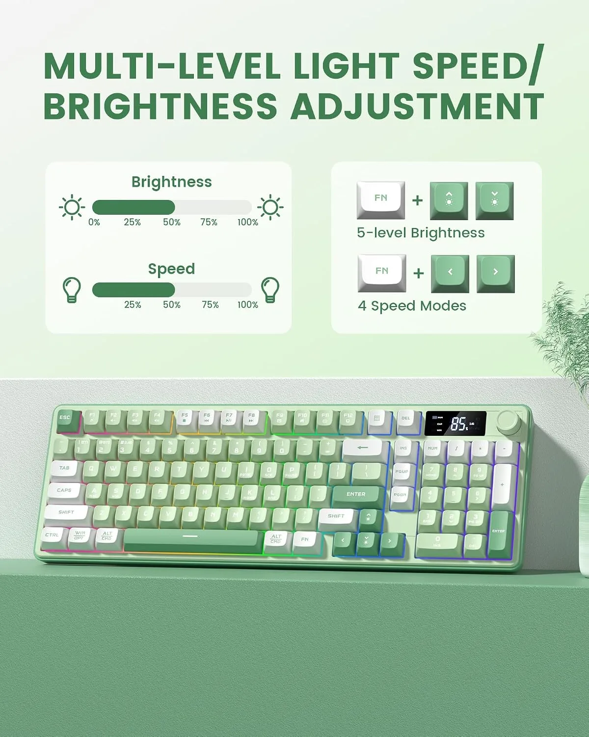 Keymatic Gaming Keyboard Wireless Creamy Keyboard with Media Knob & Screen Cute Keyboard Mechanical Feeling Membrane Keyboard with Number Pad RGB Backlit Tri-Mode BT/2.4GHz/USB-C - Green