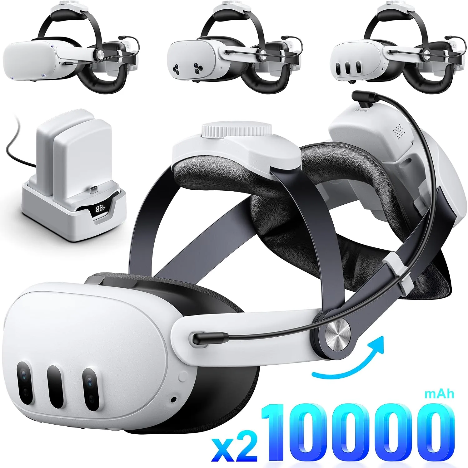 Kawaye Head Strap with 20000mAh (10000 x 2) Hot-Swap Battery Packs for Meta Quest 3S/Quest 2/Quest 3 Head Strap, Double Knobs Adjustable Elite Strap Replacement,VR Headset Accessories Strap