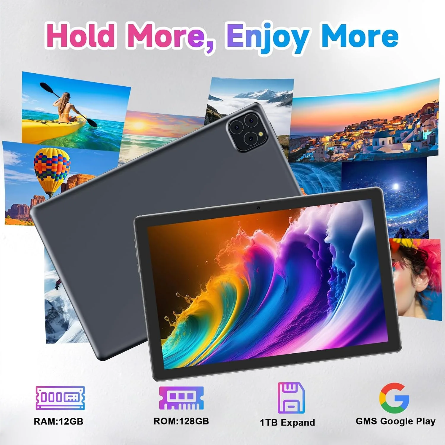 Tablet Android 16 10 Inch 12GB RAM+64GB ROM/ 1TB Expandable, 1280 * 800 HD Touch Screen, 5G WiFi6 BT 5.0, 2 in 1 Tab with Keyboard Case Mouse Stylus (Black)