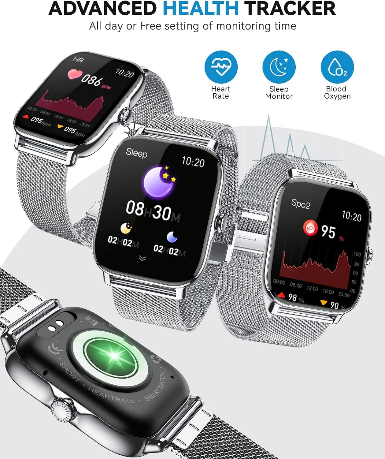 Smart Watch for Women Men- Answer/Make Call, IP68 Waterproof Fitness Tracker with Sleep Monitor,Smartwatch for Andriod iPhone Compatible (Silver Case w/Starlight & Siliver Milanese Band, 1.91)
