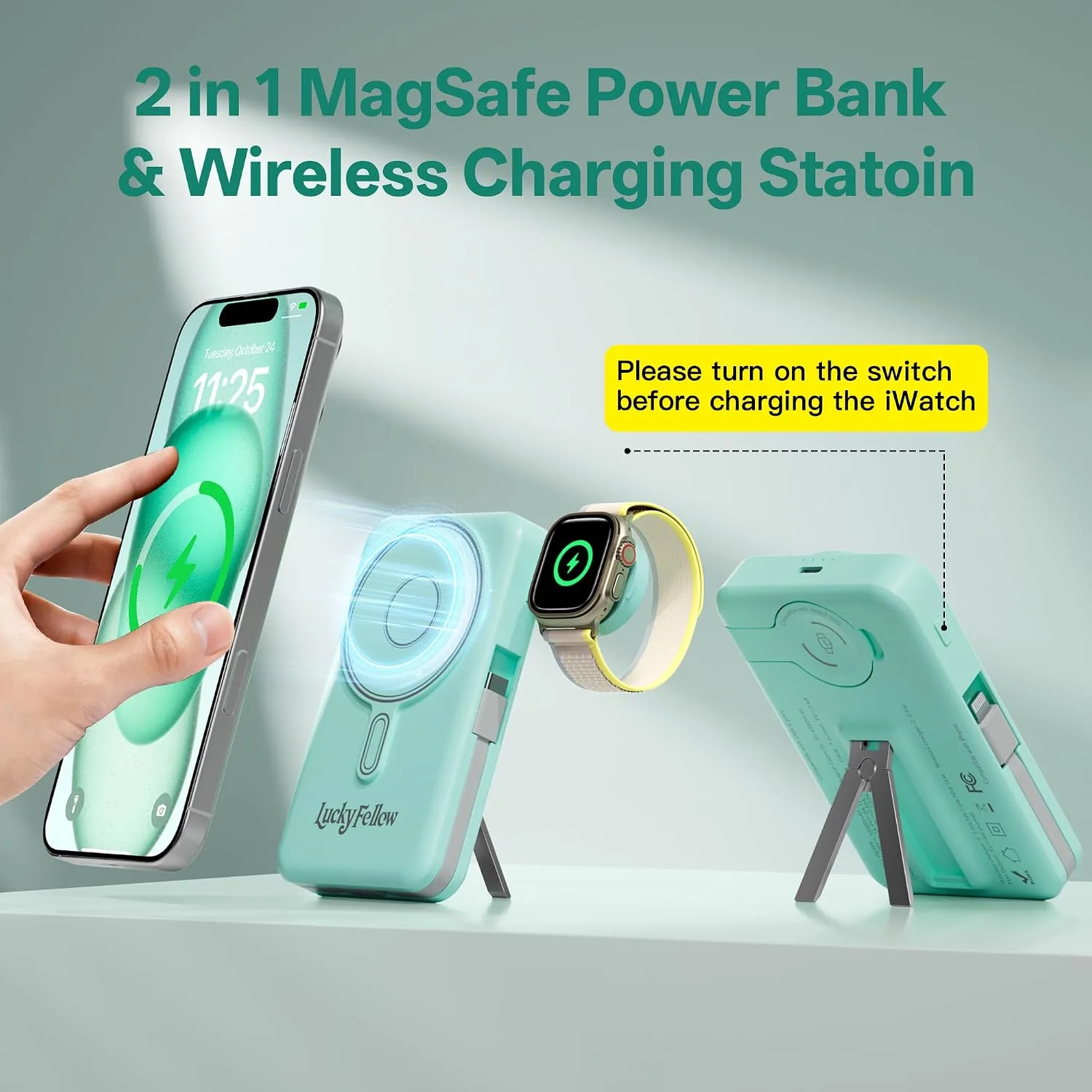 Magnetic Portable Charger Built-in Cables,10000mAh Fast Charging Wireless Charger Station External Battery Pack Slim Pocket Size Power Bank with Stand Compatible with iWatch, iPhone