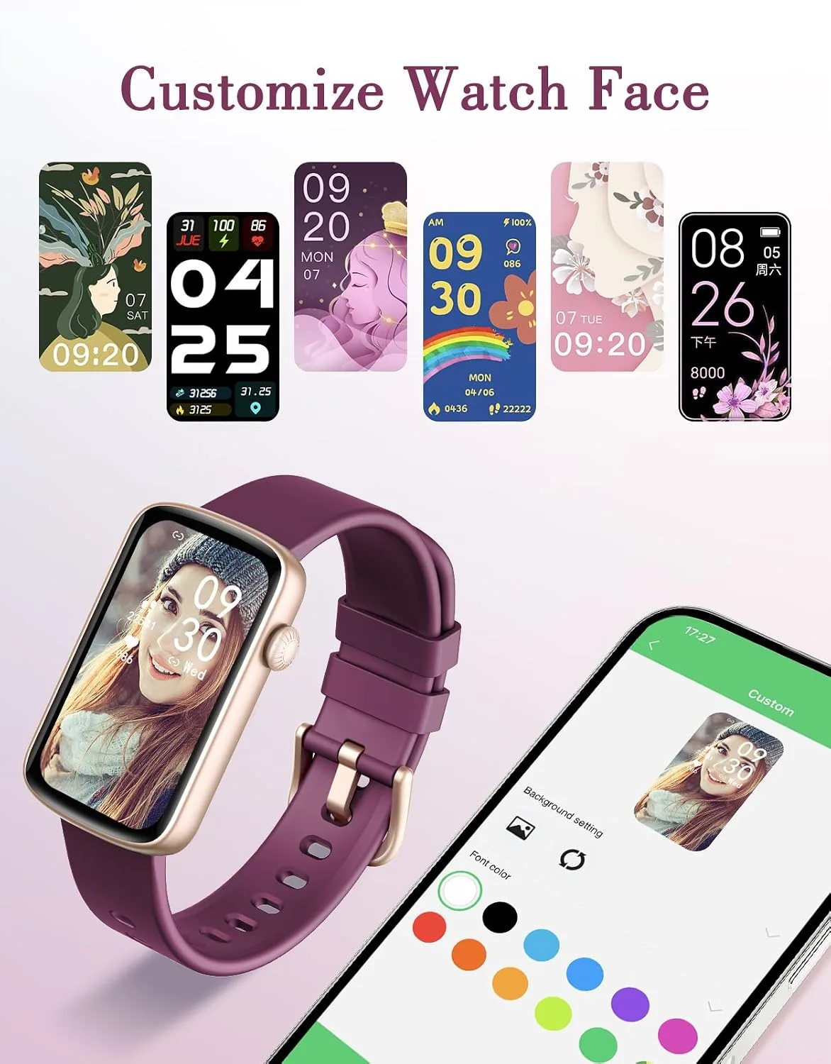 Fitness Watches for Women, LYNN2 Fitness Tracker with Heart Rate Monitor Blood Oxygen/Sleep Tracker Pedometer, Slim Step Tracker Watch for iOS/Android Phones Waterproof (Purple)
