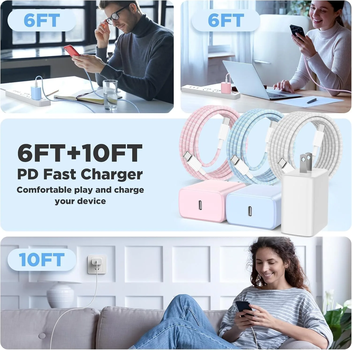 iPhone Duo 18 17 16 15 Pro Max Charger Fast Charging,45W USB C iPhone Charger Fast Charging Braided Cable 6/10/10FT Long Type C Chargers Block for iPhone 17 18 Pro Max/15 16 17 Pro/16 15 -Colorful