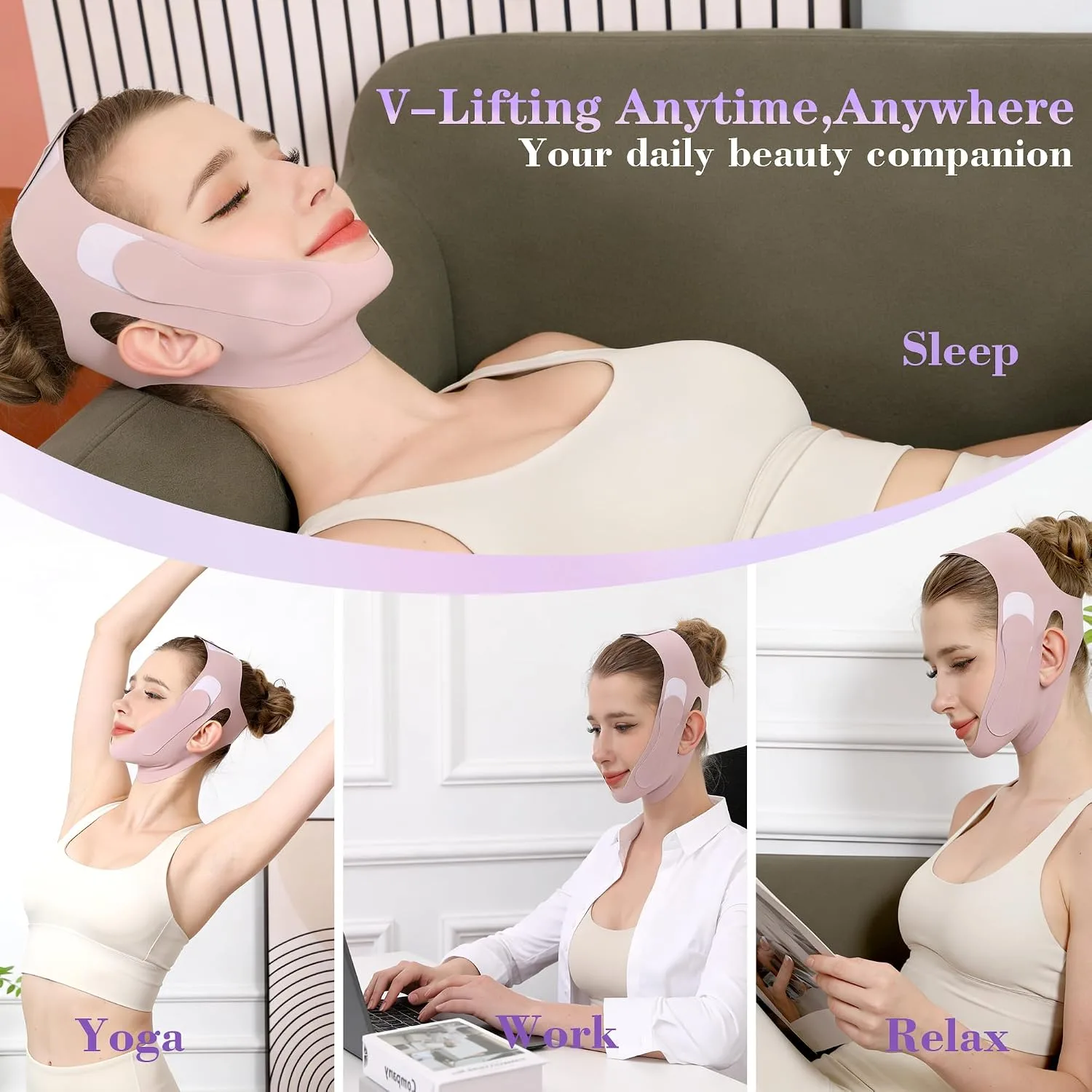 Graphene Chin Strap For Sleeping, Reusable V Line Lifting Mask & Double Chin Reducer with 3D Adjustable Design, Breathable Skin-Friendly Jawline Shaper Face Lift Belt for Women & Men (Lilac)