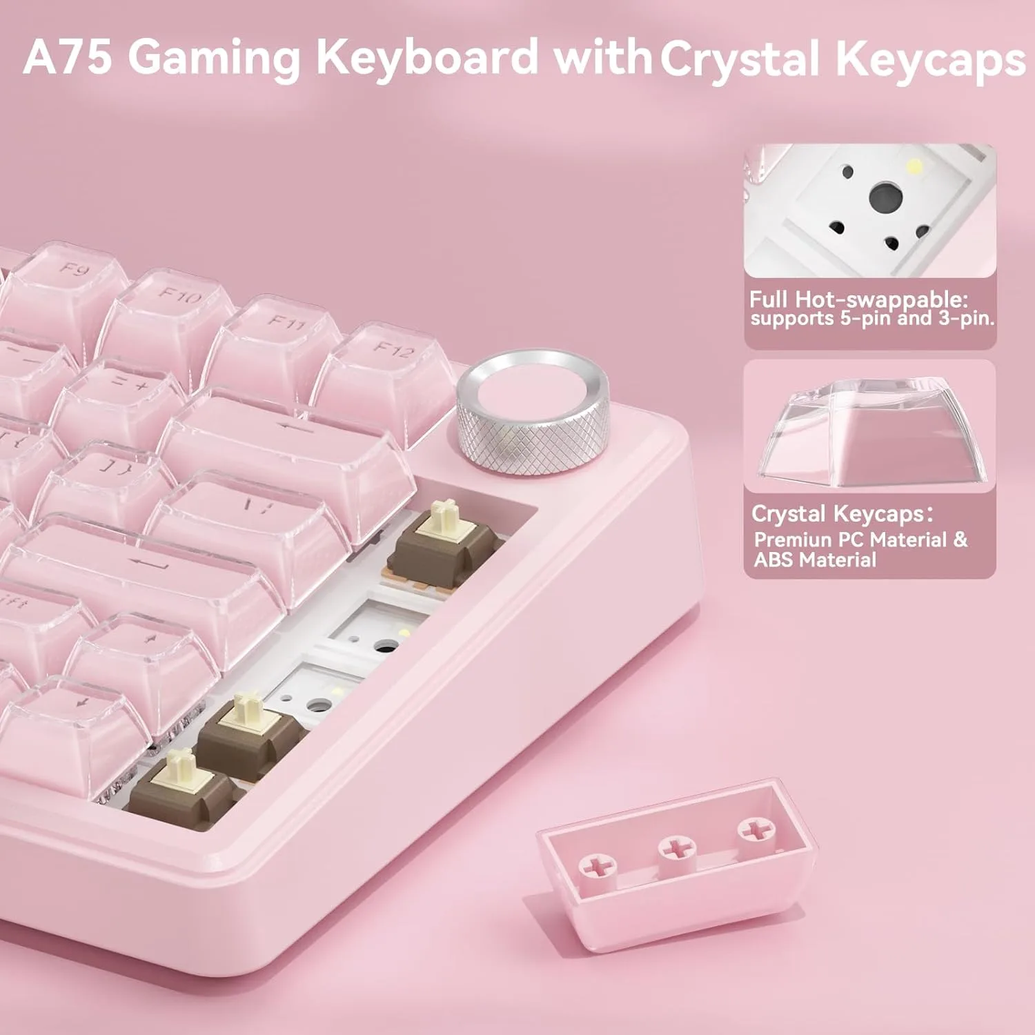 SOLAKAKA A75 Wireless Gaming Keyboard with Multifunction Knob, BT5.0/2.4GHz/USB-C, 75% Mechanical Keyboard, Hot-Swappable, Gasket Creamy Keyboard with RGB Backlit, Crystal Keycaps, for PC/Mac