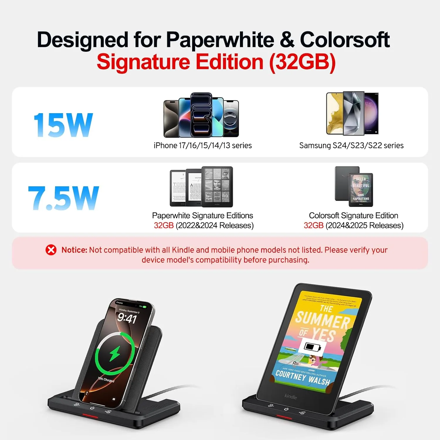 Wireless Charging Dock for iPhone Kindle Signature, Audiobook Speaker