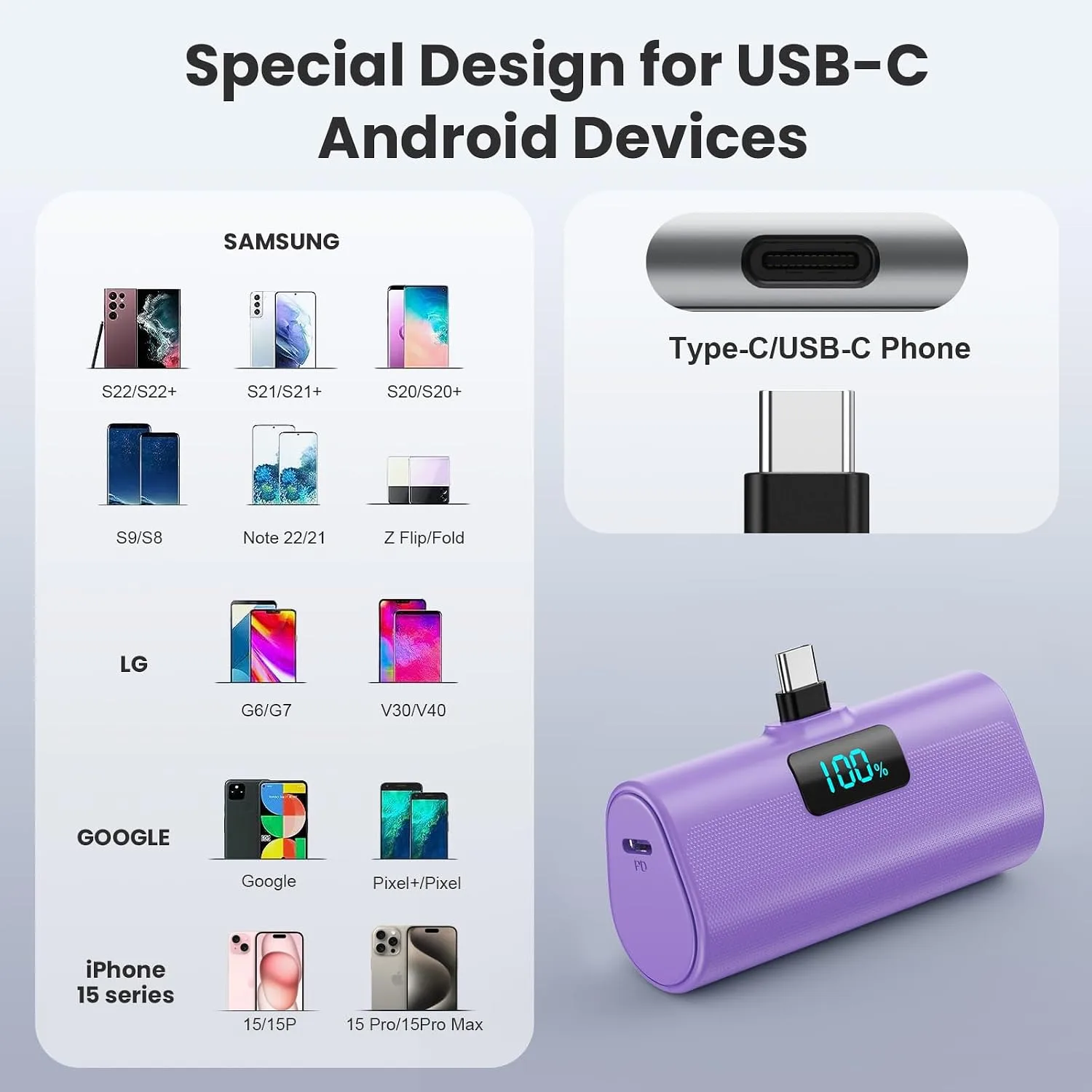 [2-Pack]Portable Charger for iPhone 17/16/15 Series,5200mAh PD USB C Power Bank Built-in USB-C Connector, Battery Pack Compatible with iPhone 17/17 Pro Max/16/15 Series,Galaxy,Android(Black+Purple)
