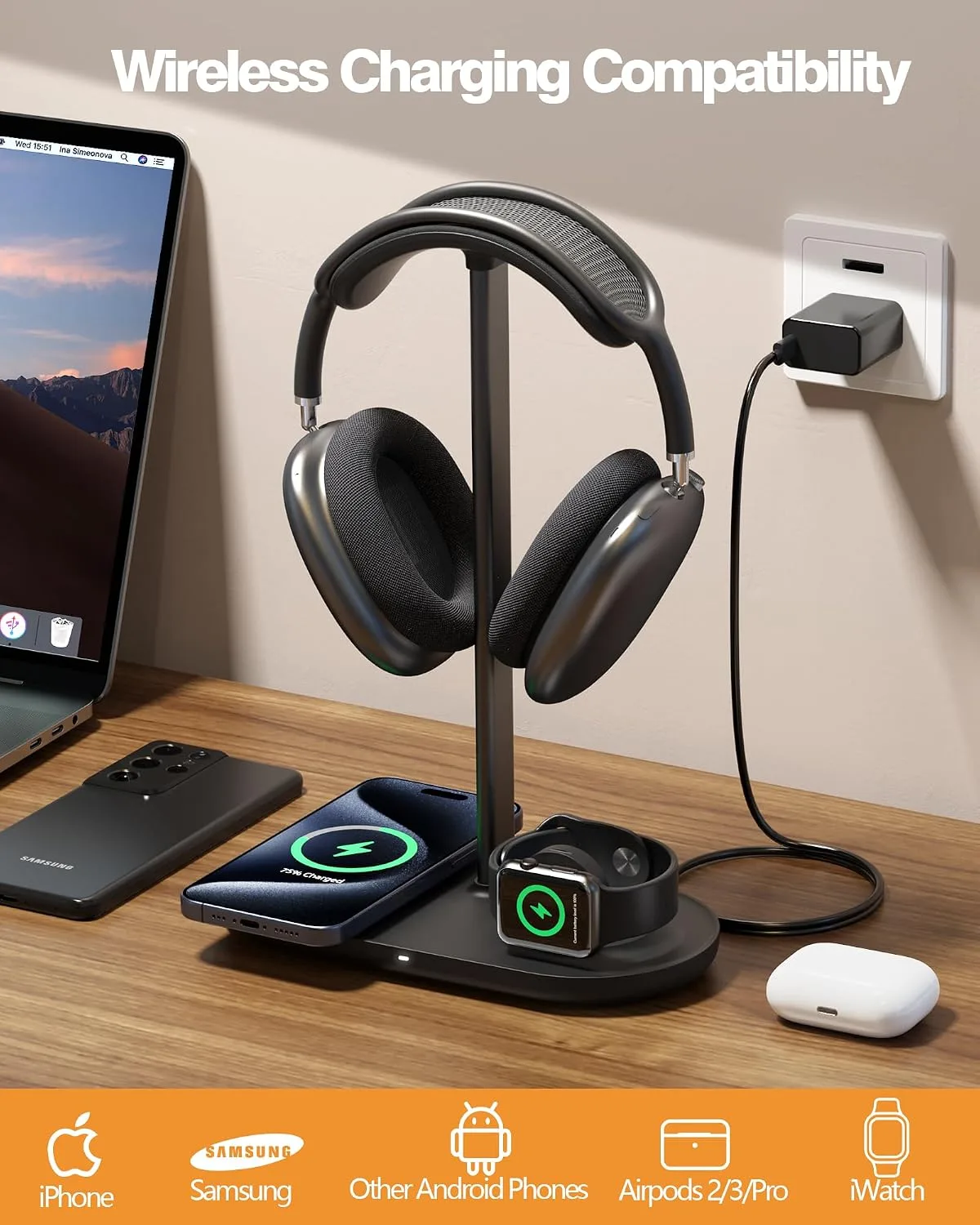 HiWe Headphone Stand, 2-in-1 MagSafe Wireless Charger for iPhone/iWatch
