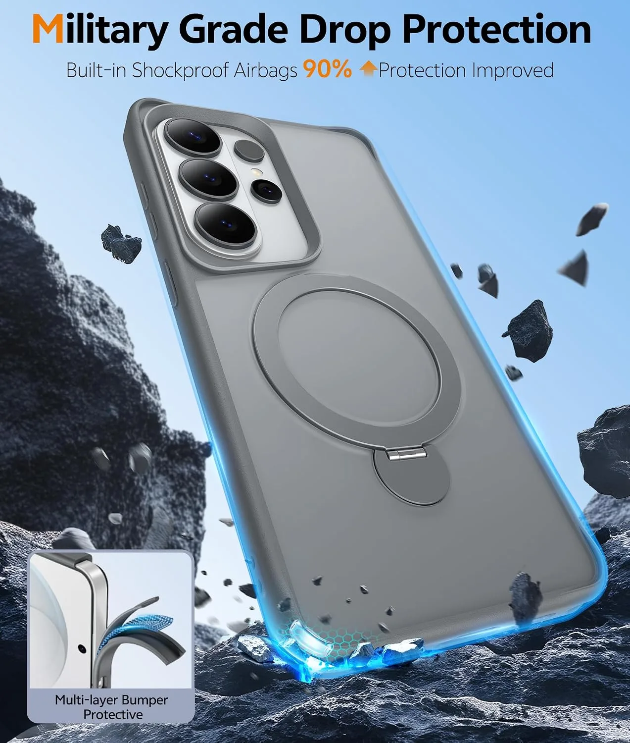 for Samsug Galaxy S26 Ultra Case with 360 Rotatable Magnetic Invisible Stand, [Screen Protector] Fits for MagSafe, Mil-Grade Shockproof Translucent Matte Phone Cover, 6.9", Gray