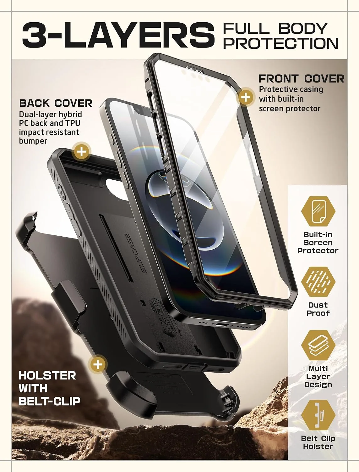 SUPCASE for iPhone 17e/16e Case with Stand & Screen Protector, Black