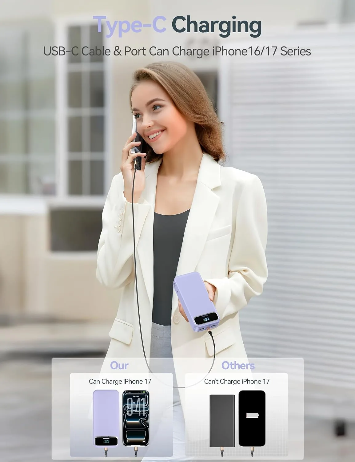 aonidi Portable Charger 20000mAh with Built-in Cables&AC Wall Plug, Purple